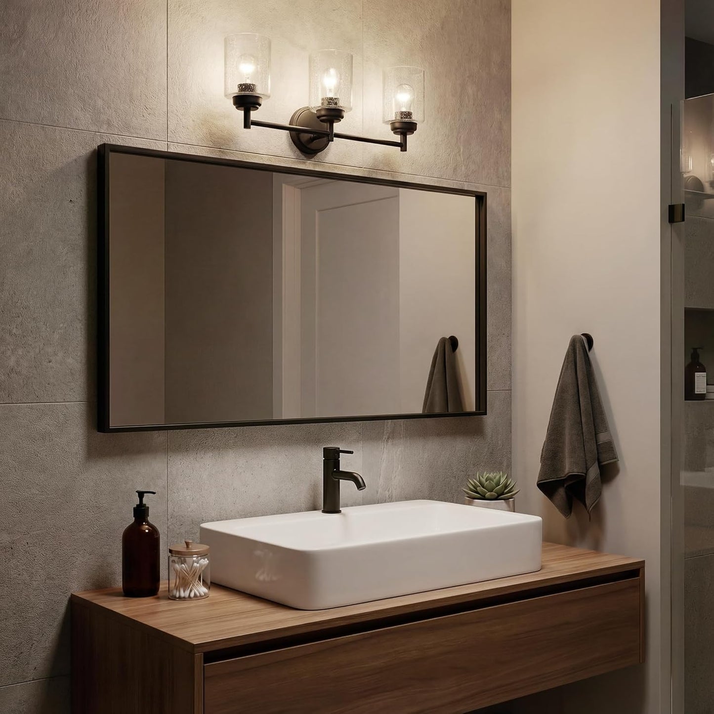 Kichler Winslow 21.5" 3-Light Bathroom Vanity Light Fixture with Clear Seeded Glass in Black, Modern Wall Mount Lighting for Mirror over Vanity in Bathroom, 45886BK