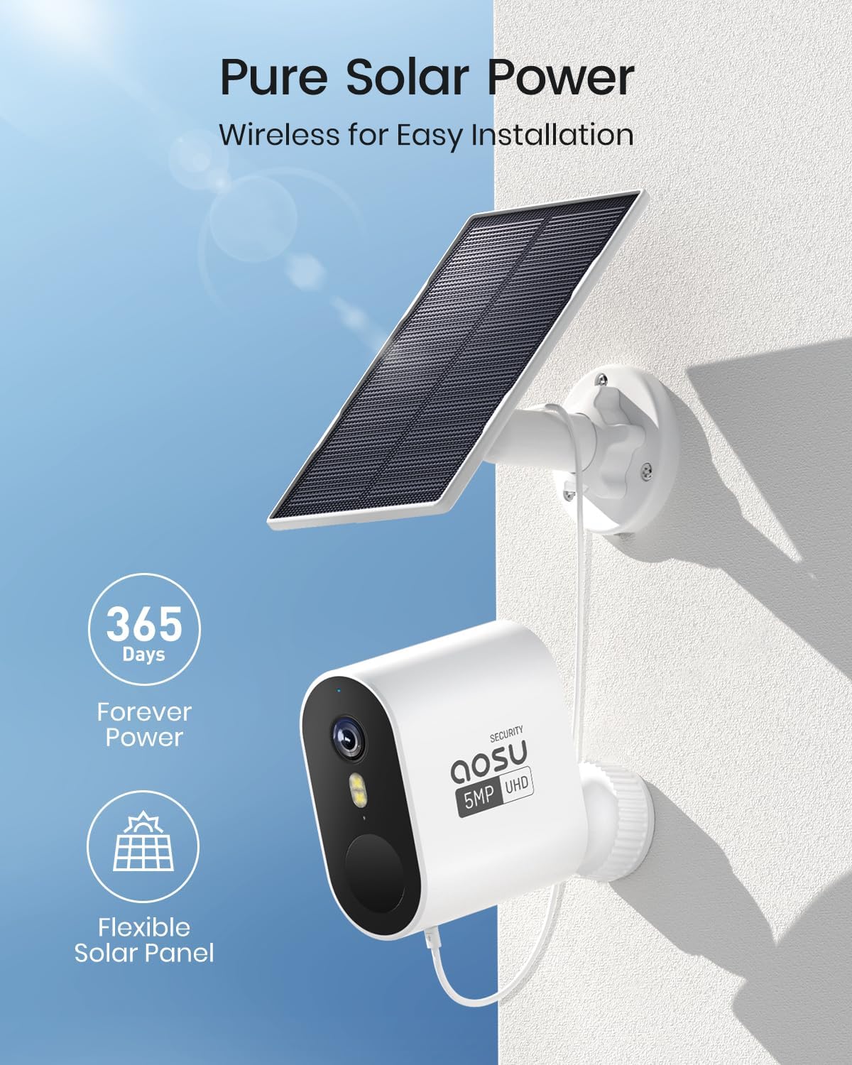aosu 3K/5MP Security Cameras Outdoor Wireless Home Surveillance System, Solar Powered, 166° Ultra-Wide-Angle, HD Color Night Vision, Spotlight & Siren Alarm, Motion Alert, Easy Setup, 4-Cam-Kit