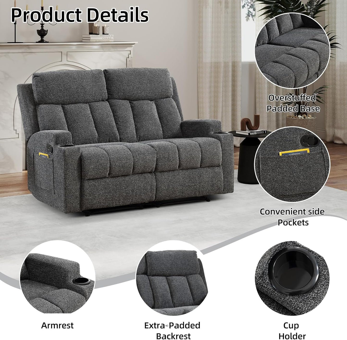 CANMOV Manual Recliner Sofa Set, Fabric Recliner Living Room Furniture Sets, 1 Seat Reclining Chair and a Loveseat Furniture Set with Side Pockets and Cup Holders, Dark Grey