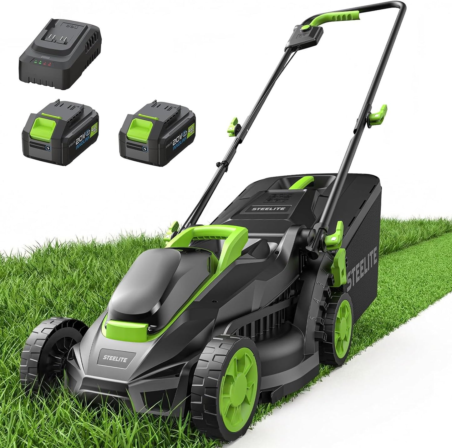 STEELITE 20V 13-Inch Electric Lawn Mower, Brushless Cordless Push Mower with 2 x 4.0Ah Batteries for Extended Runtime & Charger, 5-Position Height Adjustment, Lightweight for Small Yards