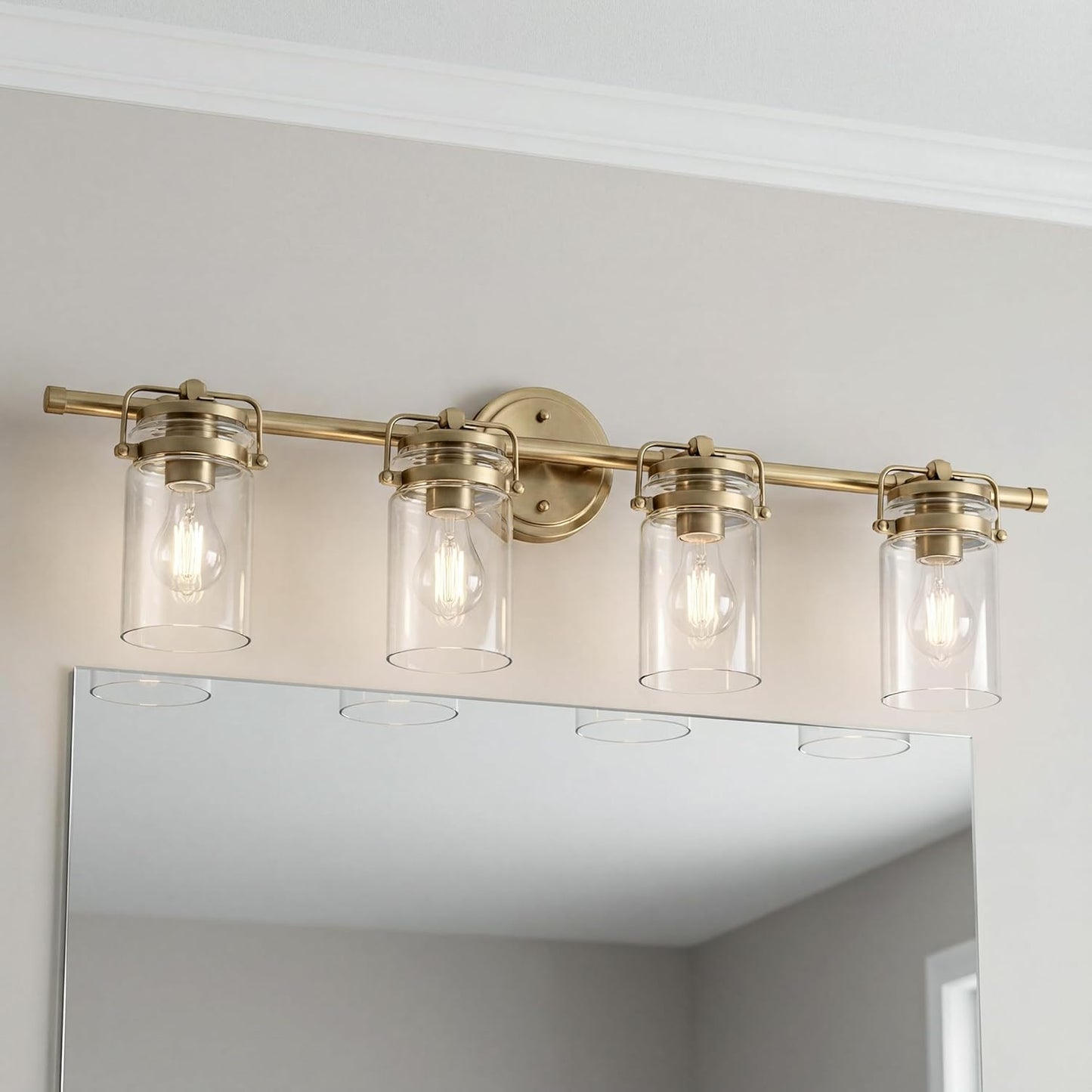 Kichler Brinley 4-Light Bathroom Vanity Light Fixture with Clear Glass in Champagne Bronze, Industrial Farmhouse Style for Mirror Lighting (32.5" x 10.25" x 6.75"), 45690CPZ