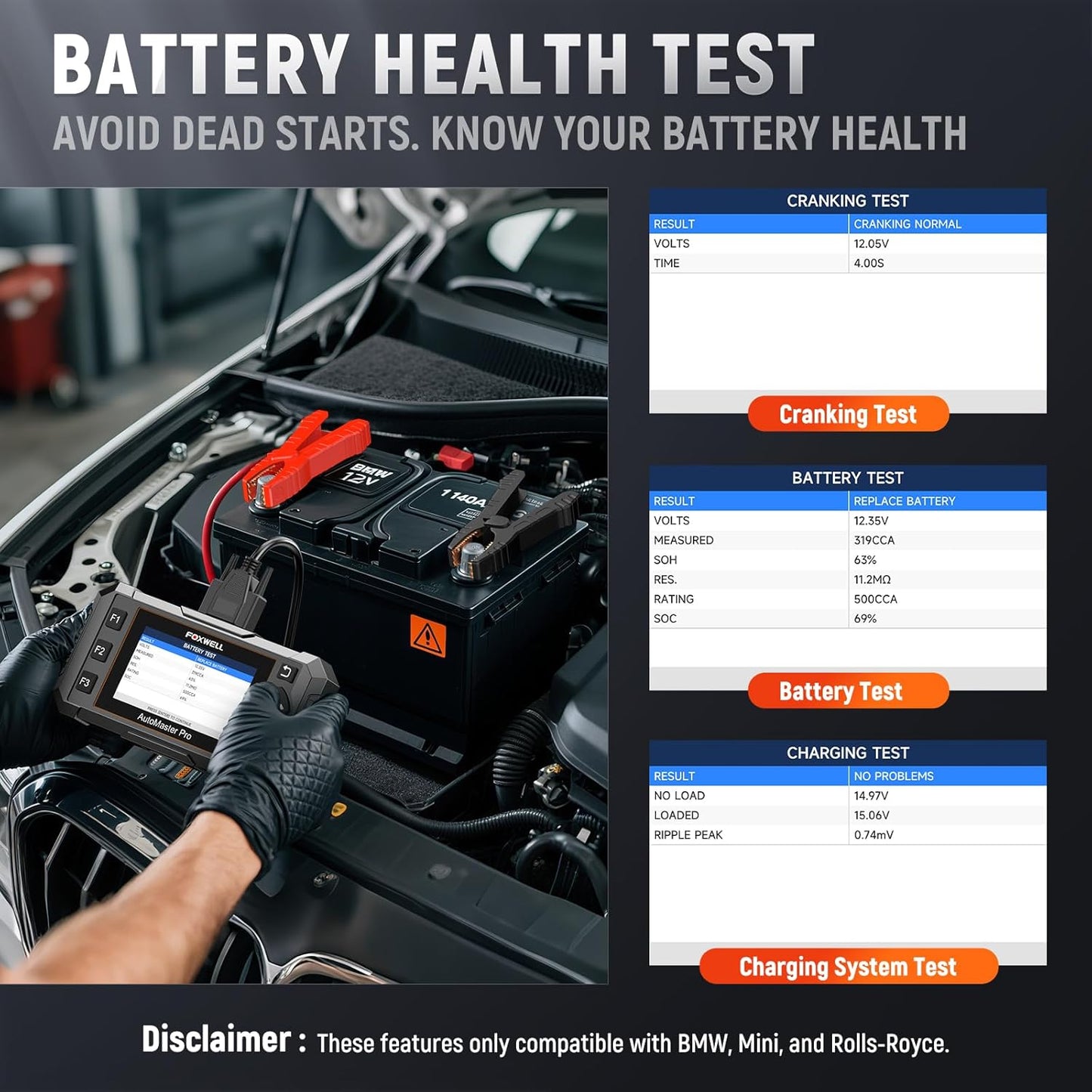 FOXWELL NT510 Pro fit for BMW 2-in-1 Diagnostic Scanner & 12V Battery Tester, Full System Bidirectional Scan Tool with All Reset Services & Battery Registration for BMW/Mini/RR (Lifetime Free Update)