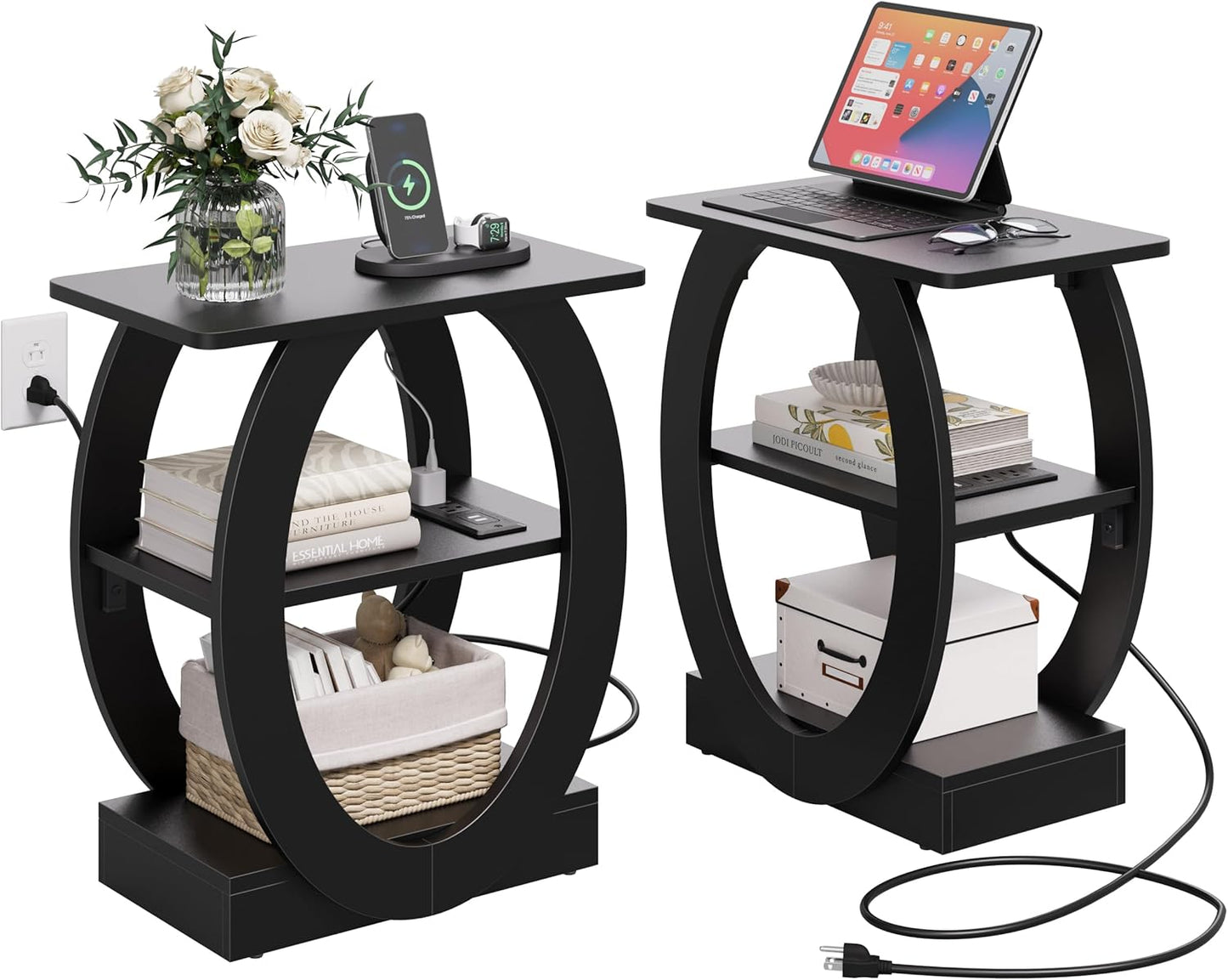 End Table Set of 2 with Charging Station, Black Side Table with USB Ports and Outlets for Living Room, Wood Nightstand with Large Storage Shelf for Bedroom Sofa Couch, Bedside Table Night Stands