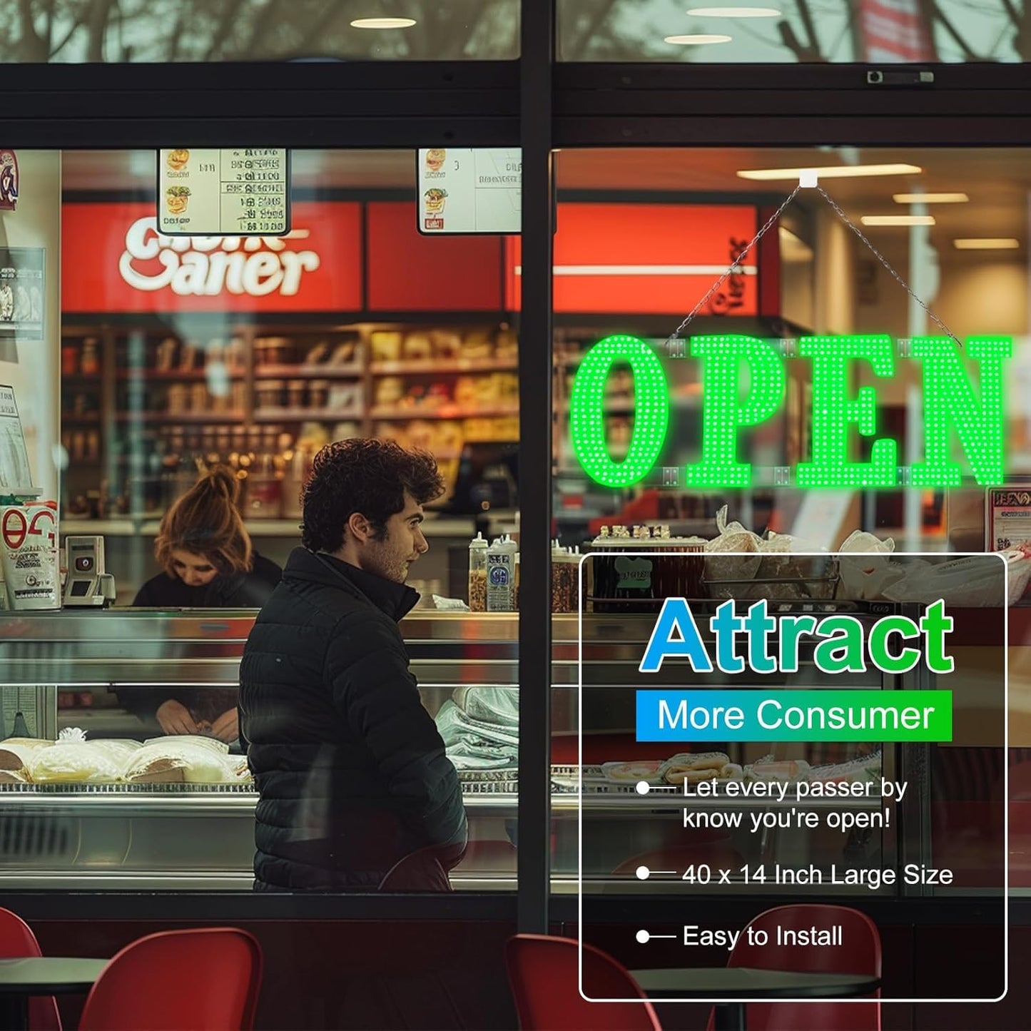 40"x14" Large LED Open Signs for Business Super Bright Unique Design Open Sign with Hanging Installation for Window Stores Bar Hotel Retail Shops Salon Restaurant Office Green
