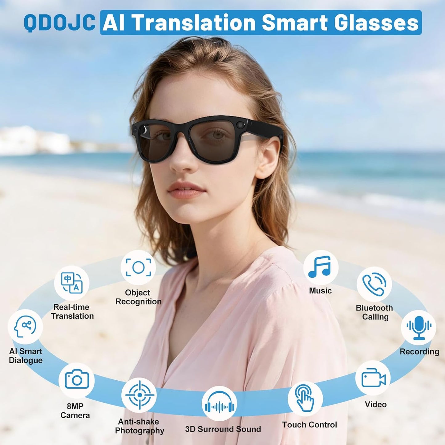 Smart Glasses with Camera with 3600mAh Charging Case, 8MP HD Video Recording with Anti-Shake POV Camera, AI Voice Assistant, Photochromic Glasses with AI Translation for Travel Vlog Business