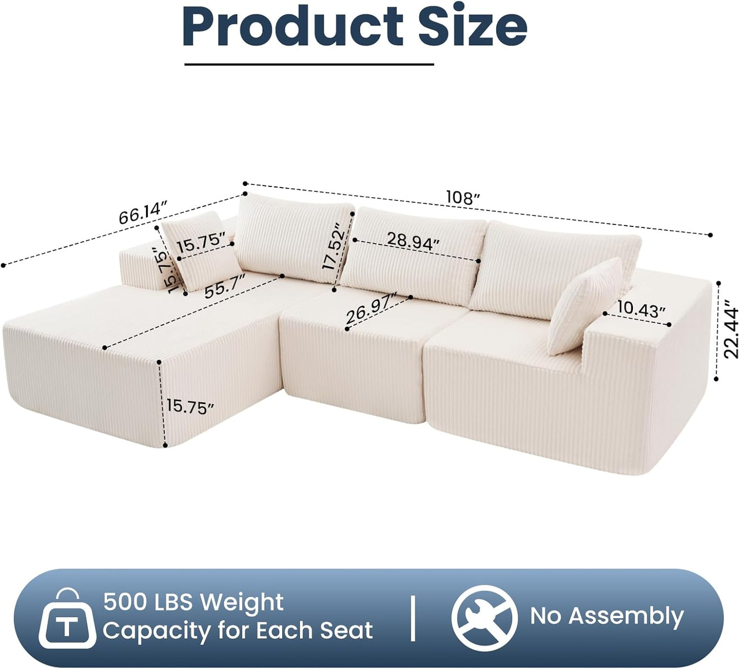 DUMOS 108" Boneless Couch, Cloud Sectional Couch with L-Shape Chaise, Modular Sectional Sofa with Deep Seat, Upholstered Couch for Living Room Bedroom, No Assembly Required, Beige, Left Facing Chaise