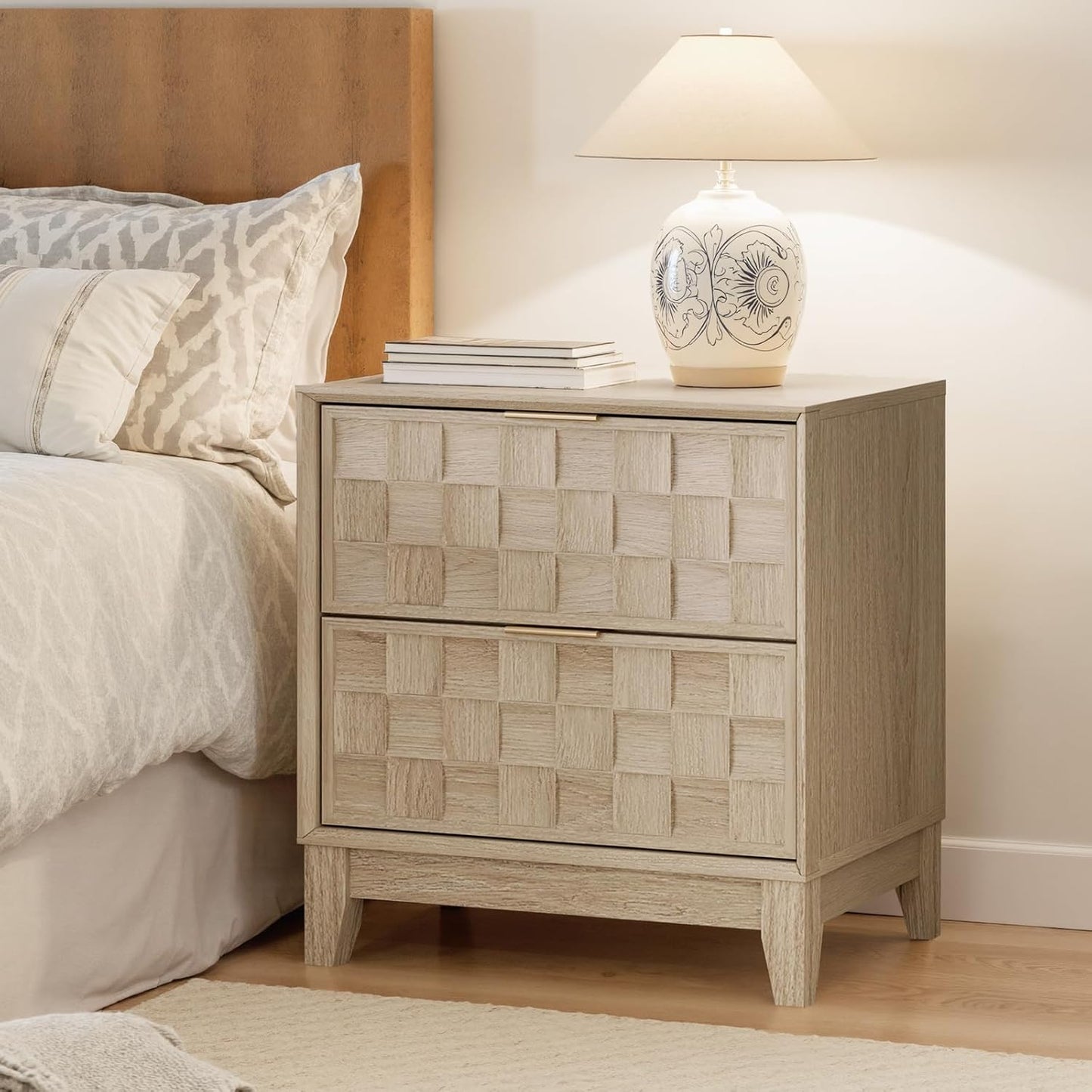 COLAMY Night Stand with Charging Station Set of 2, Modern Nightstand Bedside Table, Wooden 2 Drawers Dresser, with Chessboard Relief and Charger, for Bedroom, Living Room and Small Space - Oak