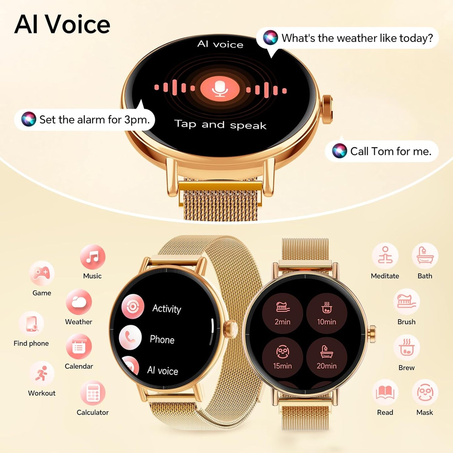 Yoever Smart Watches for Women, 1.57" HD 43mm Fitness Tracker Answer/Make Call, Heart Rate/Sleep/SpO2, Round Smart Watch for iPhone/Samsung/Android, IP68 Waterproof, 110+ Sport Mode - Gold