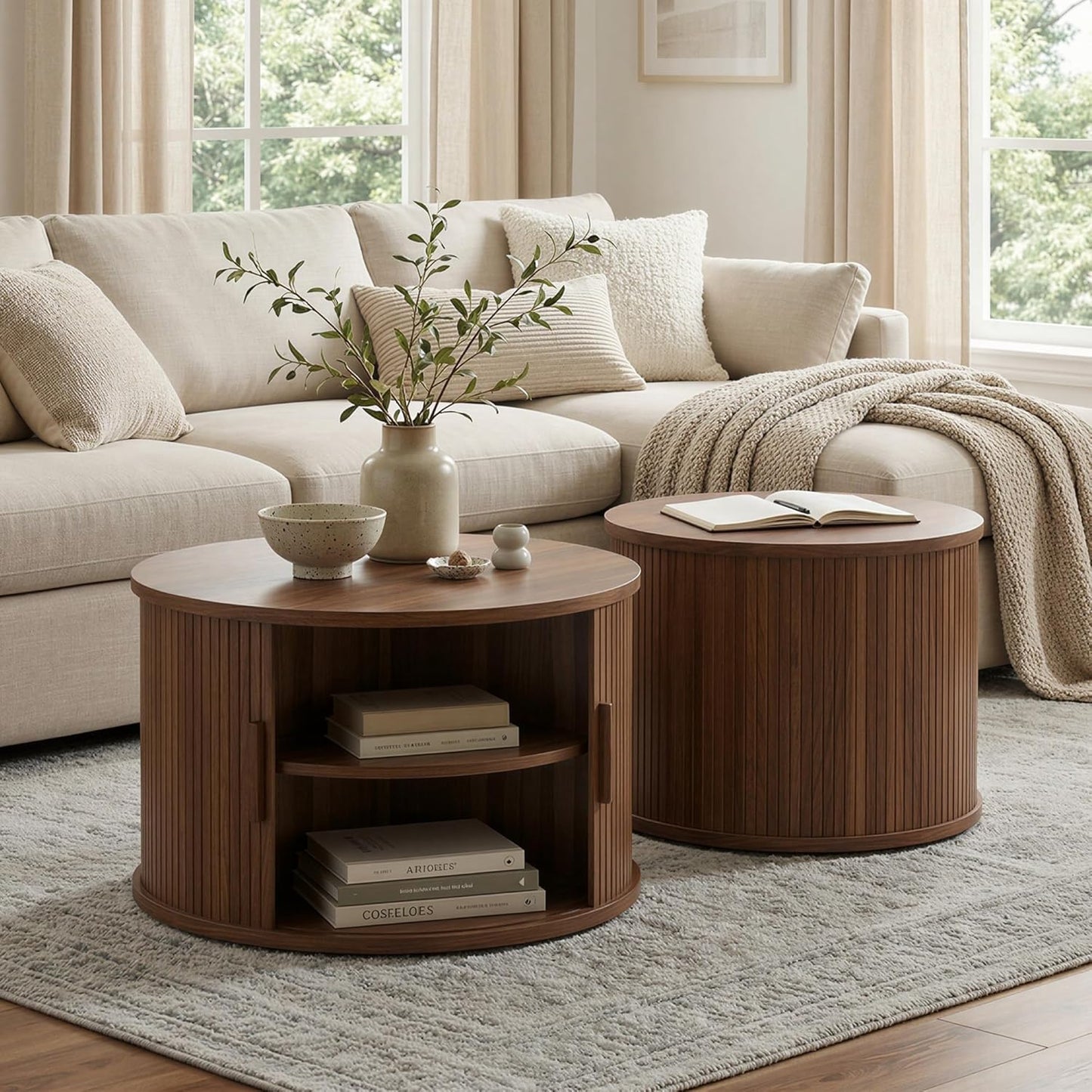 IRONCK Round Coffee Table Set of 2, Fluted Coffee Table and End Table with Storage, Wood Center Tables with Sliding Tambour Door and Hollow Side Table, Mid Century Modern, Walnut