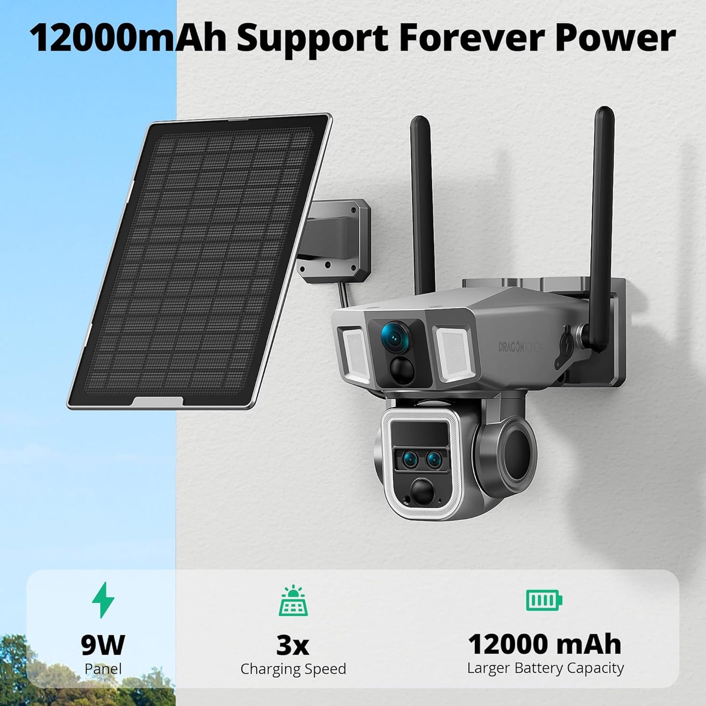 Dragon Touch 4G LTE Cellular Security Camera Outdoor, 4K Wireless Solar Bullet-PTZ Cam, 3 Lens, 10x Optical Zoom, 4G or WiFi 2 Mode, 360° PTZ AI Tracking, SIM Card and 64GB SD Card Included