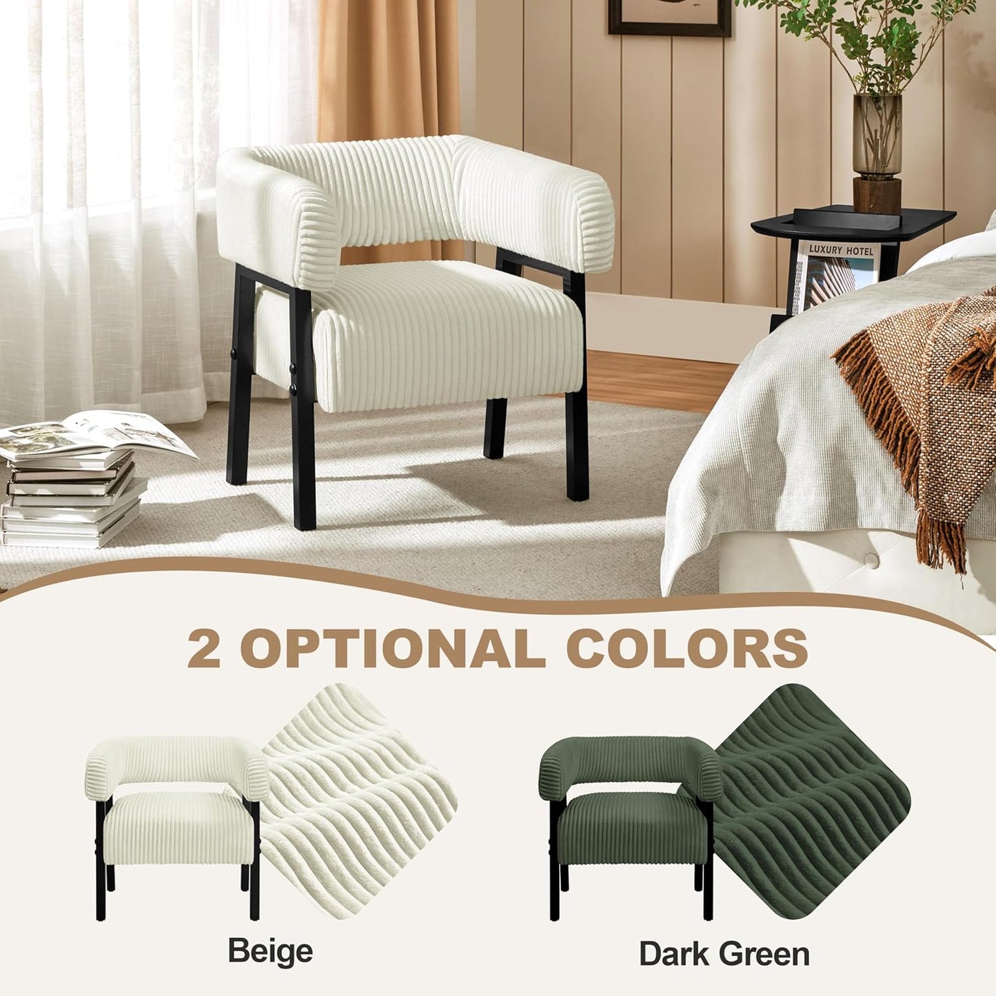 Yaheetech Accent Chair Set of 2 with Pocket Coiled Seat, Corduroy Living Room Barrel Chair Comfy Modern Sofa Armchair for Small Space Bedroom Reading, Beige