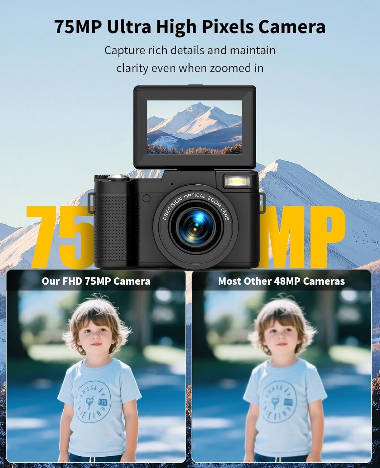 FLATIC 6K Digital Camera, 75MP Cameras for Photography with 8X Optical Zoom & Tripod, Anti-Shake Vlogging Camera with 3" 180° Flip Screen, 64GB Card, Card Reader, Vlog Travel Cameras for Teens