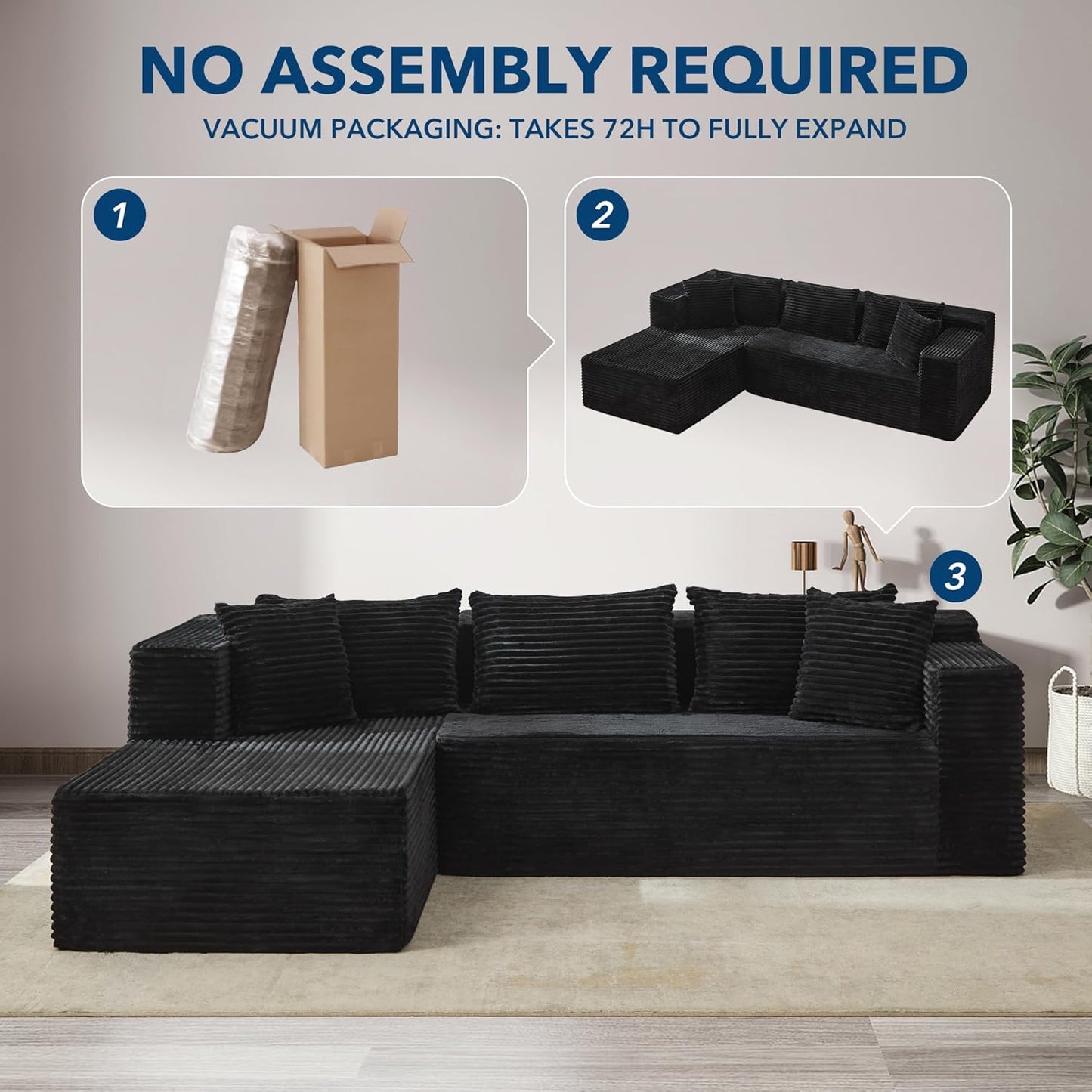 Boneless Couch, 106" Left Corduroy Cloud Couch Sectional .Vacuum Compressed Couch, L-Shaped Modular Sectional Couch with Chaise Lounge, Boneless Couch for Living Room, Comfy Compact Sofa Set