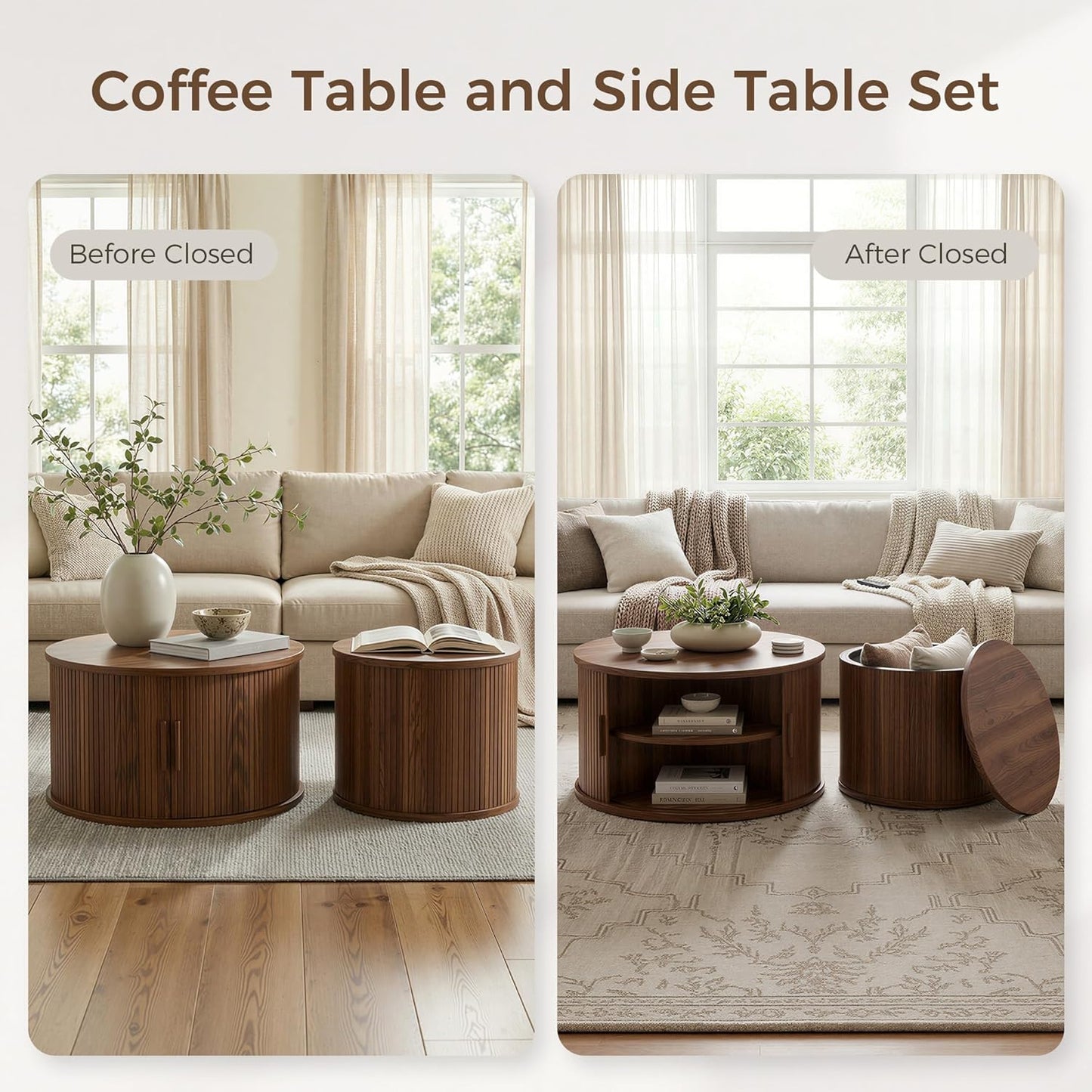 IRONCK Round Coffee Table Set of 2, Fluted Coffee Table and End Table with Storage, Wood Center Tables with Sliding Tambour Door and Hollow Side Table, Mid Century Modern, Walnut