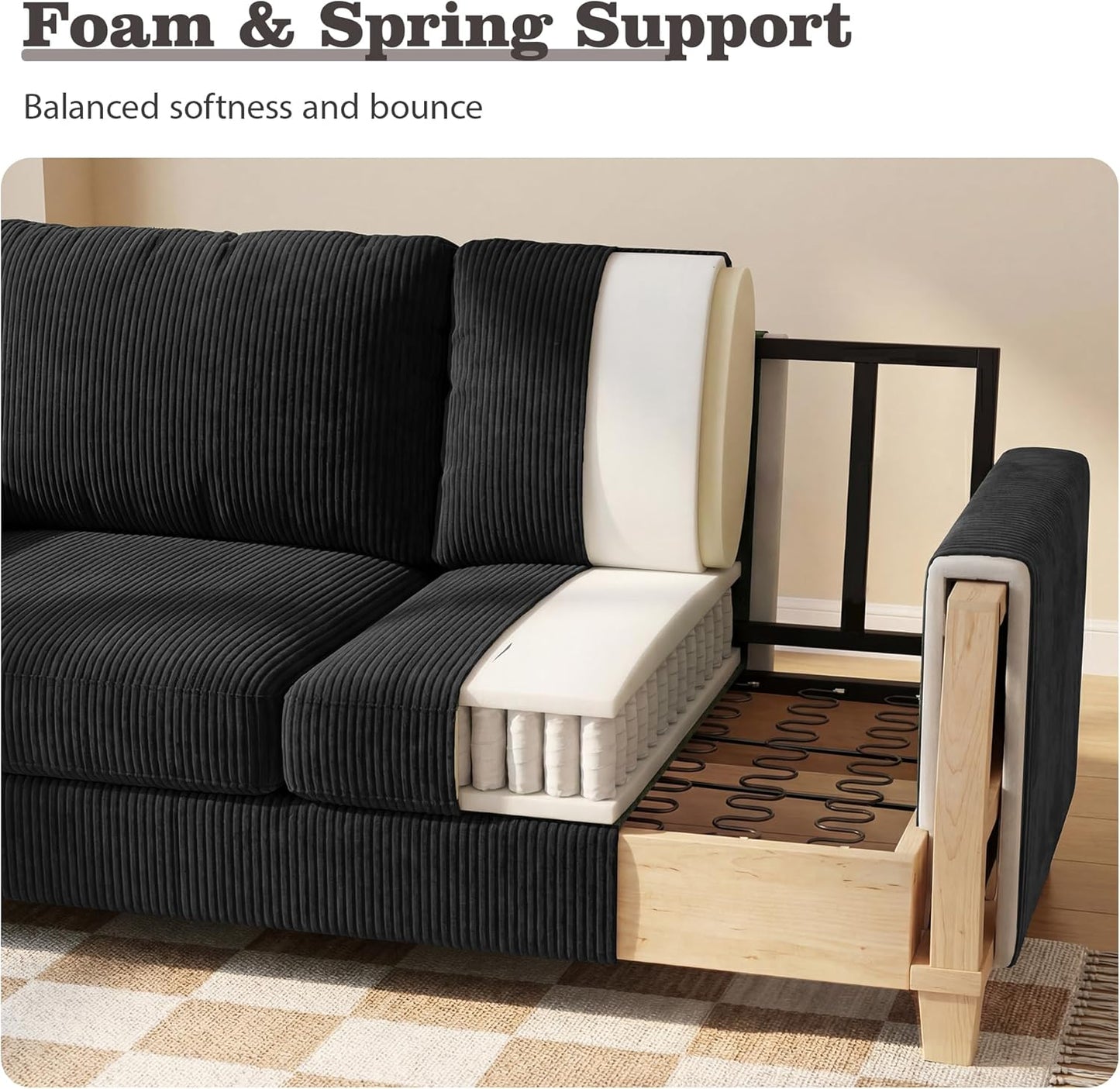 Apicizon Loveseat & 3 Seater Sofa Sets, 89" Couch Sofa Set for Living Room Furniture, 2 Piece Modern Sleeper Sofa with Deep Seat Cloud Couch for Apartment Lounge, Black Corduroy