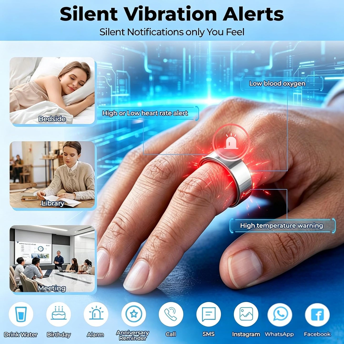 XUV Silver Rings for Women, Waterproof Fitness Tracker Ring with Heart Rate, Blood Oxygen, Sleep, Step Counting, Vibration Alerts AI Smart Ring for Men, No APP Fee for iOS & Android (Silver, 9)
