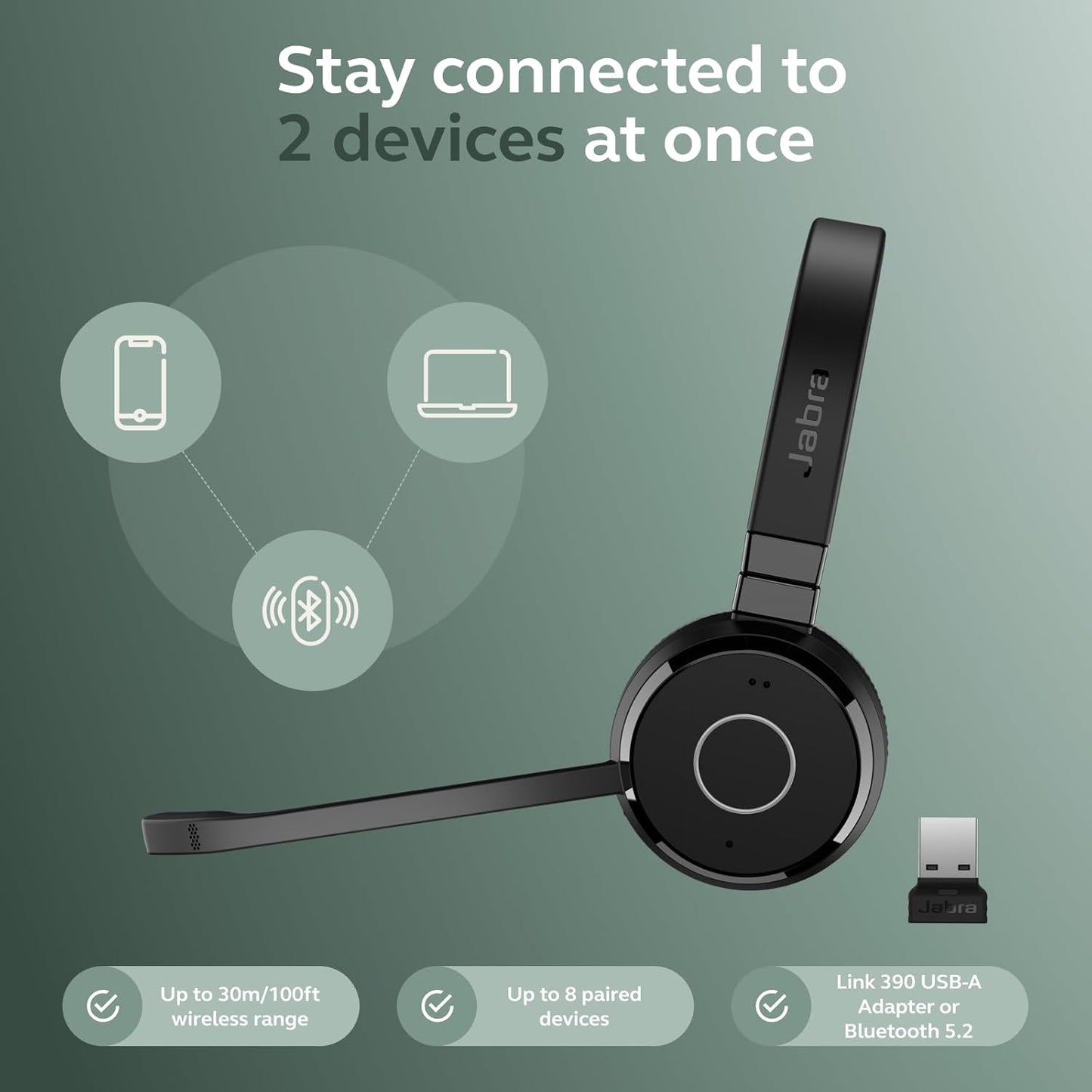 Jabra Evolve 65 TE (Third Edition) Wireless Single-Ear Headphones - Noise-Canceling Mic, 16 hrs Battery Life, Dual Connectivity, Works with All UC Platforms Like Zoom & Google Meet, Black