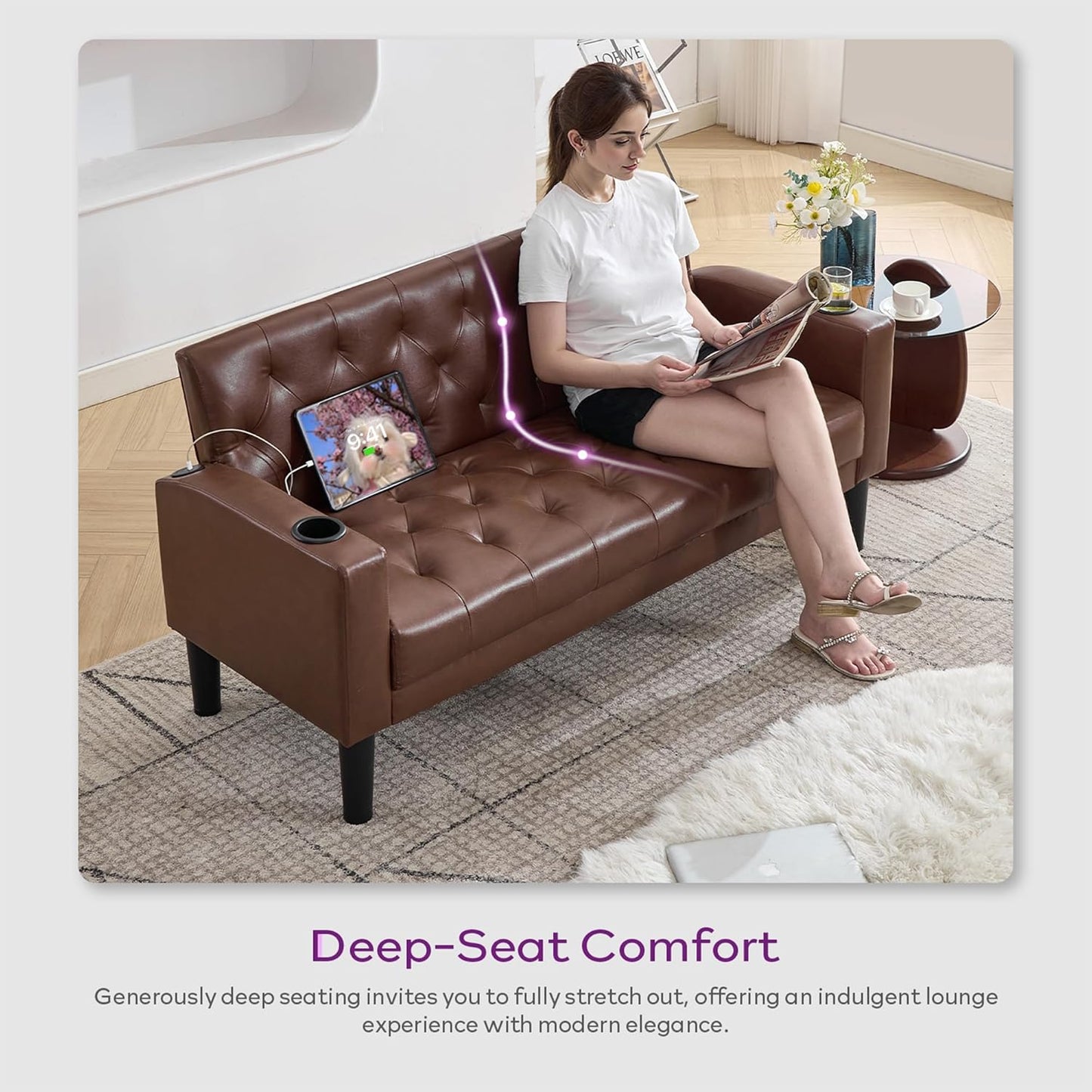TYBOATLE 62" W Leather Loveseat w/Chairs, 3 Piece Sofa Sets for Living Room w/ 2 USB Charger Ports and 2 Cupholders, Living Room Furniture Sets of 3 (3, Brown)