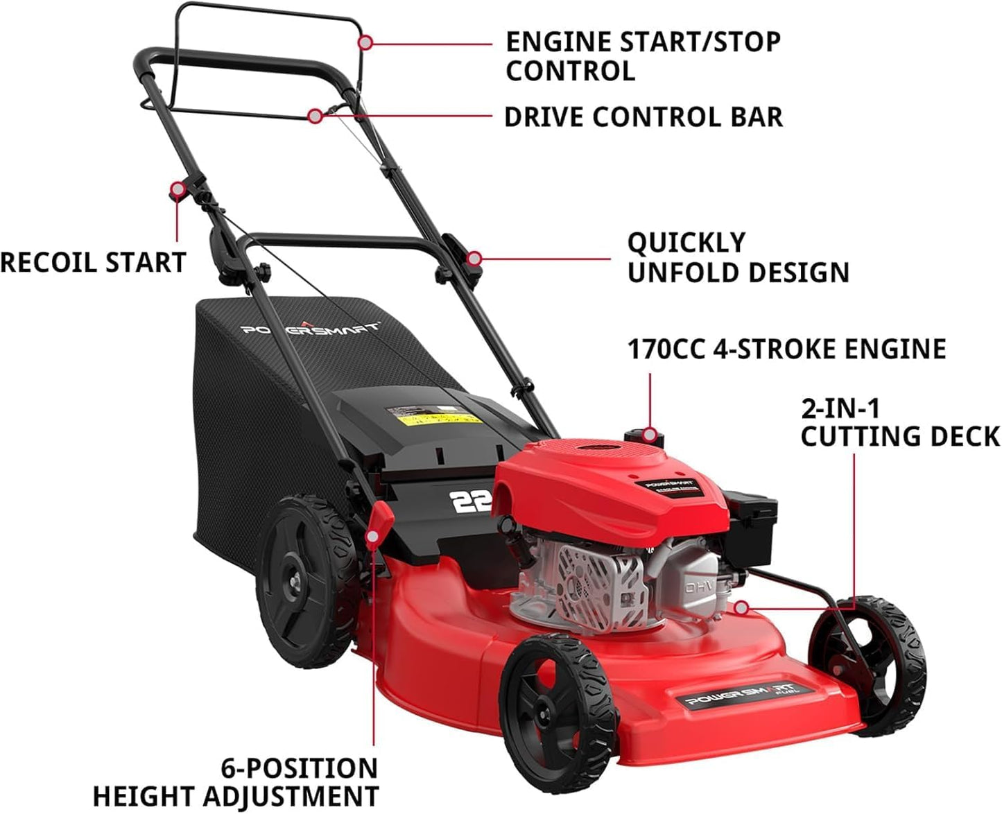 PowerSmart Self Propelled Gas Lawn Mower, 22-inch with 170cc OHV Engine 2-in-1 Rear Wheel Drive, High Wheels, 6-Position Height Adjustment, Red