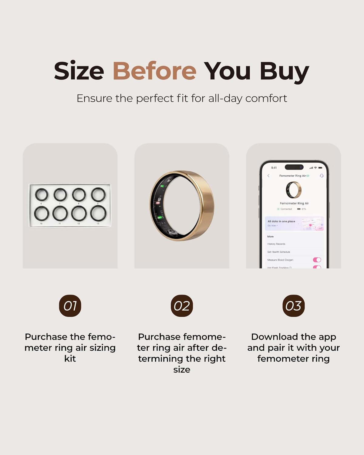 femometer Ring Air | Ultra-Thin Smart Ring | Sleep/Heart Rate/SpO2/Stress | Women's Health & Fertility Tracker with BBT Technology | Hot Flash Monitoring | Free Subscription - Size13