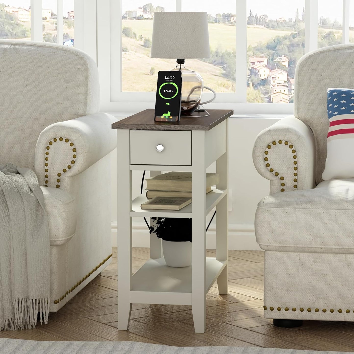 ChooChoo Farmhouse end Table Living Room Set of 2, Sofa Side Table Living Room with Charging Station,Narrow Night Stand with USB Ports & Power Outlets and Hidden Drawer