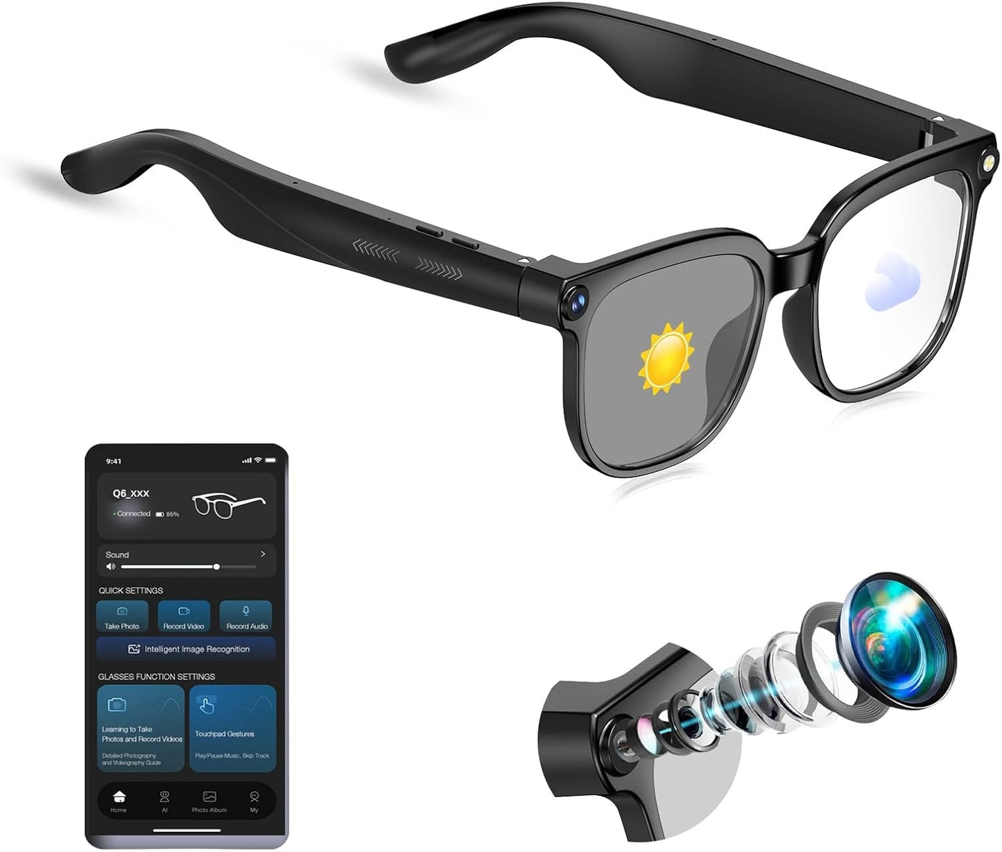 Smart Glasses with Camera, 4K HD Video & Photo Capture Recording Glasses with Audio, AI ChatGPT Assistant, Real-Time Translation Bluetooth Camera Sunglasses, Voice Control Smart Glasses for Men Women