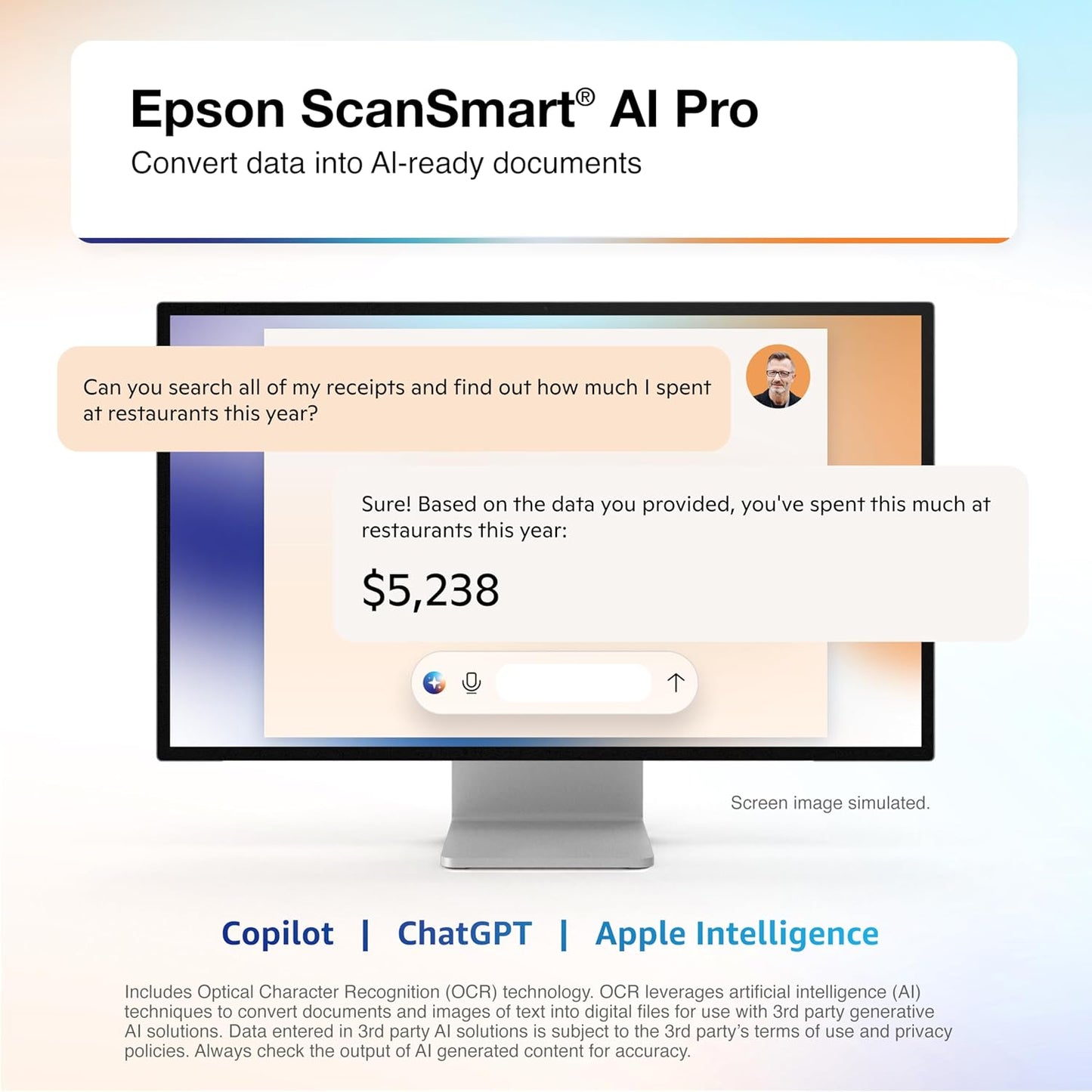Epson RapidReceipt RR-400W Wireless Compact Desktop Color 2-Sided Document & Tax Receipt Scanner with ScanSmart AI PRO Data Management Software & 20-Page Auto Doc Feeder