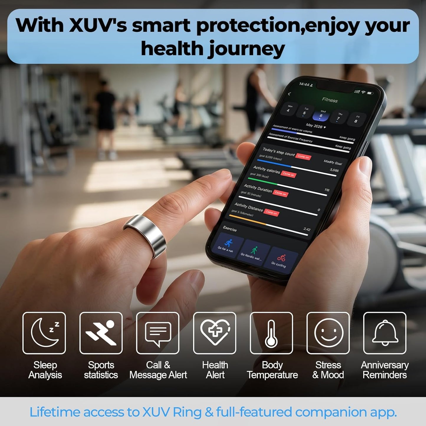 XUV Silver Rings for Women, Waterproof Fitness Tracker Ring with Heart Rate, Blood Oxygen, Sleep, Step Counting, Vibration Alerts AI Smart Ring for Men, No APP Fee for iOS & Android (Silver, 9)