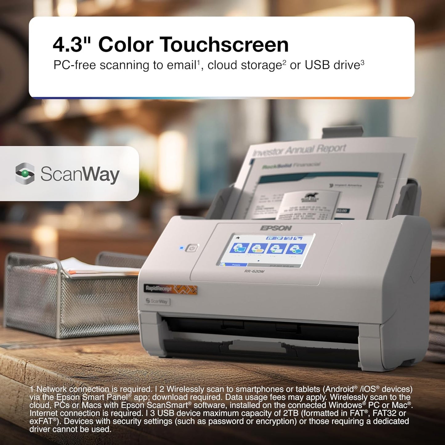 Epson RapidReceipt RR-620W Wireless & USB High-Speed AI & Cloud Ready Desktop Color Duplex Receipt & Document Scanner for Mac & PC, up to 45 ppm, 4.3" Color Touchscreen, 100-Page Auto Document Feeder