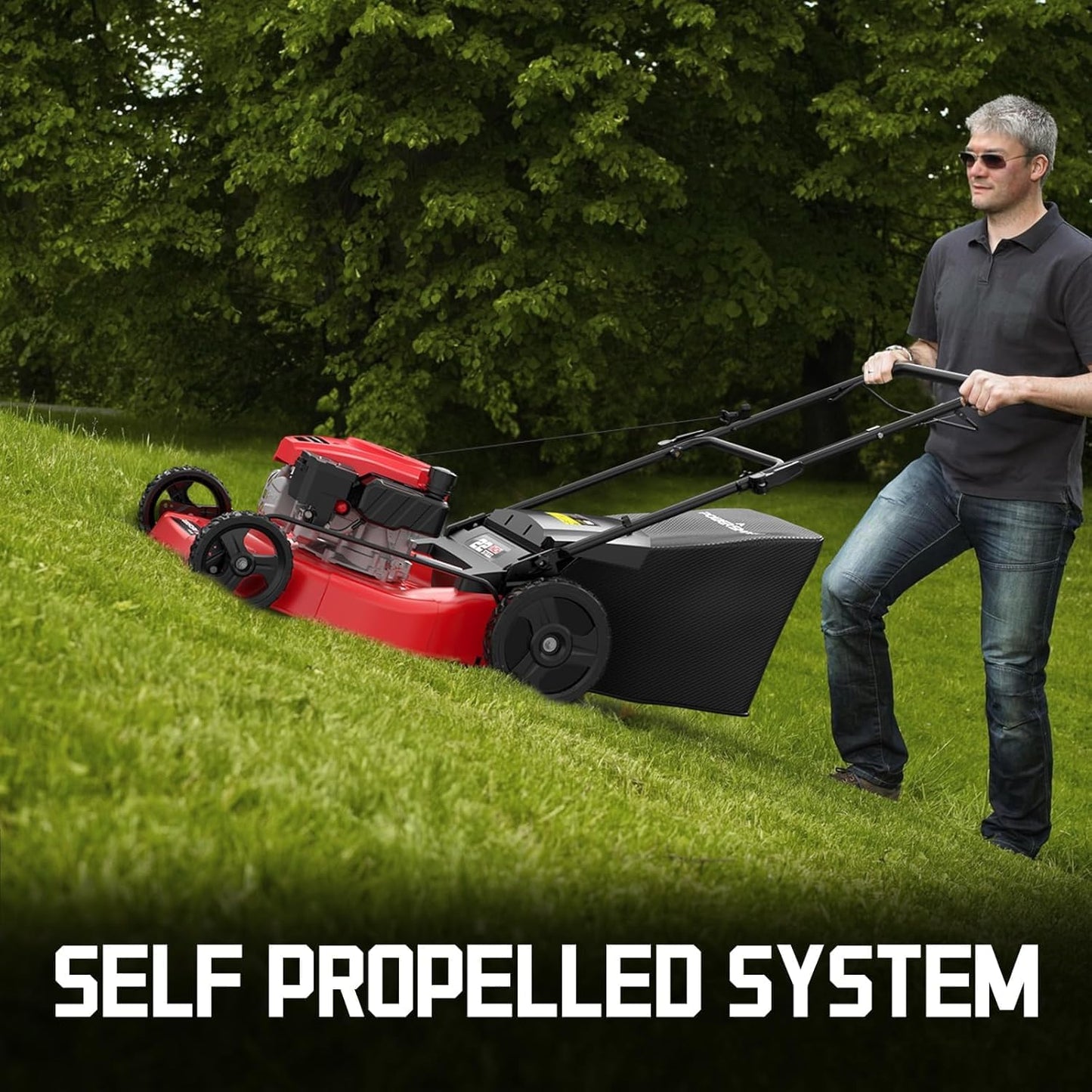 PowerSmart Self Propelled Gas Lawn Mower, 22-inch with 170cc OHV Engine 2-in-1 Rear Wheel Drive, High Wheels, 6-Position Height Adjustment, Red