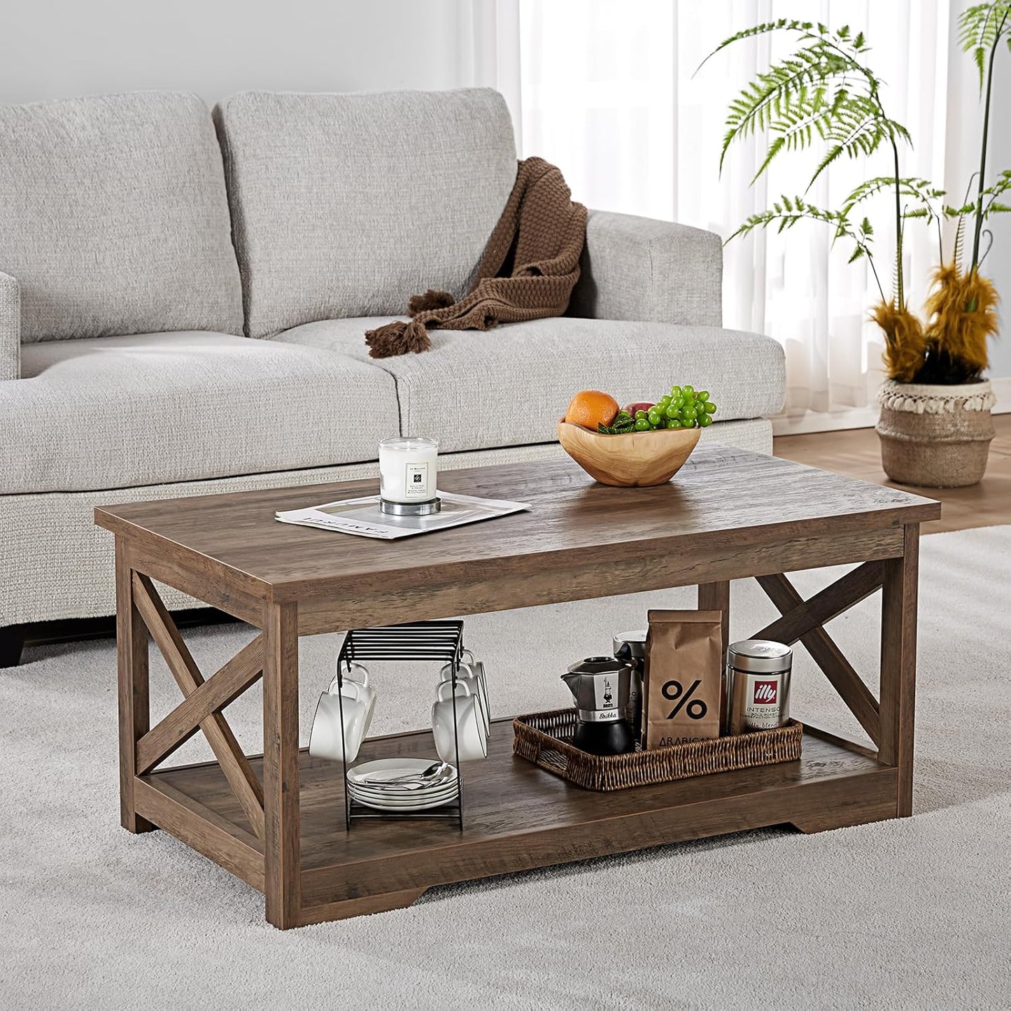 AMERLIFE 3-Piece Farmhouse Table Set Includes Coffee Table& Two End Tables, Side Table with Charging Station and USB Ports, for Living Room, Barnwood