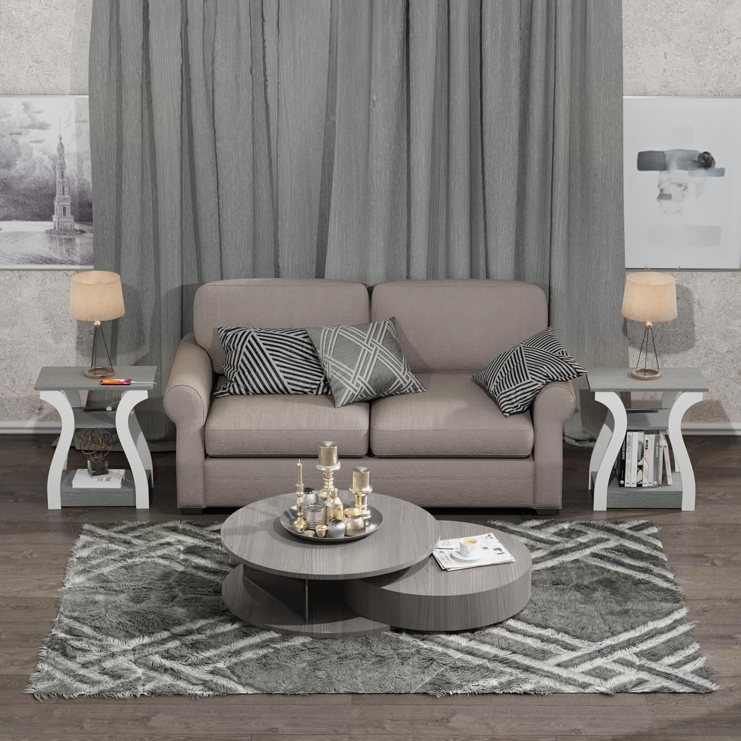 FROMJBEST End Tables Living Room Set of 2,Grey End Table with Charging Station,Grey Side Table, Nightstand for Bedroom, 3 Tier End Table with Storage Shelf for Living Room