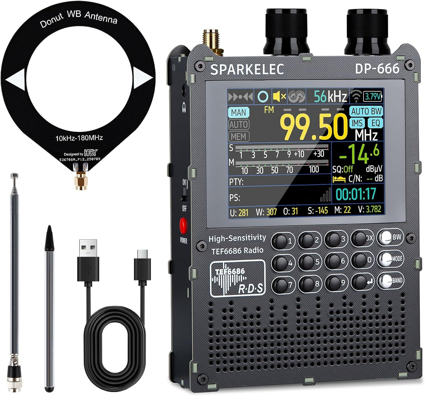 DP-666 TEF6686 Full Band Radio,AM LW/MW/SW/OIRT/FM High Sensitivity Shortwave Radios Receiver with RDS Data Shows,2.8-inch LCD Color Touch Screen,5000mAH Battery,Telescopic Antenna,Donut Antenna