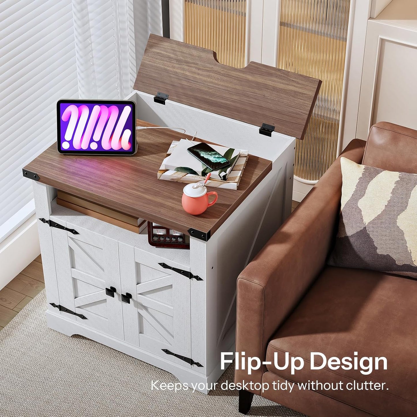 HOOBRO Farmhouse End Tables Set of 2 with Charging Station, 23.6" Large End Table for Living Room, Sofa Side Table with Barn Door, Wooden Square Nightstand Bedside Table, White and Walnut WH601UBZP201