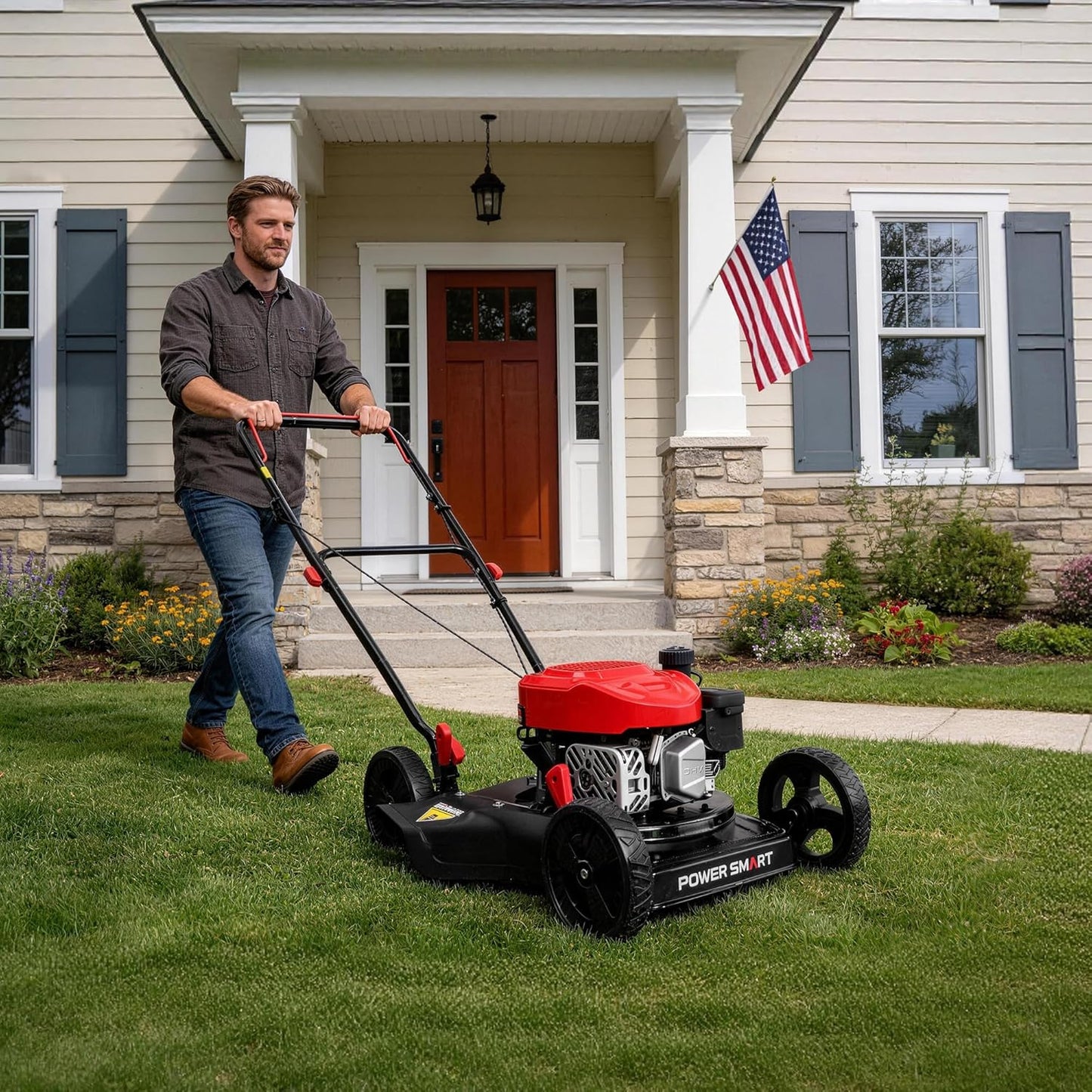 PowerSmart 18-Inch Gas Push Lawn Mower with 144cc 4-Cycle OHV Engine, Side-Discharge, 5-Position Adjustable Cutting Height (DB8618C)