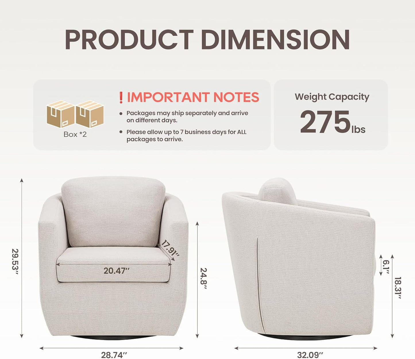 COLAMY 360° Swivel Accent Chair Set of 2 No-Sag Foam & Sturdy Metal Base, Fully Assembled Living Room Armchair with Pillow, Swivel Accent Single Sofa for Bedroom Living Room, Reading Room, Beige