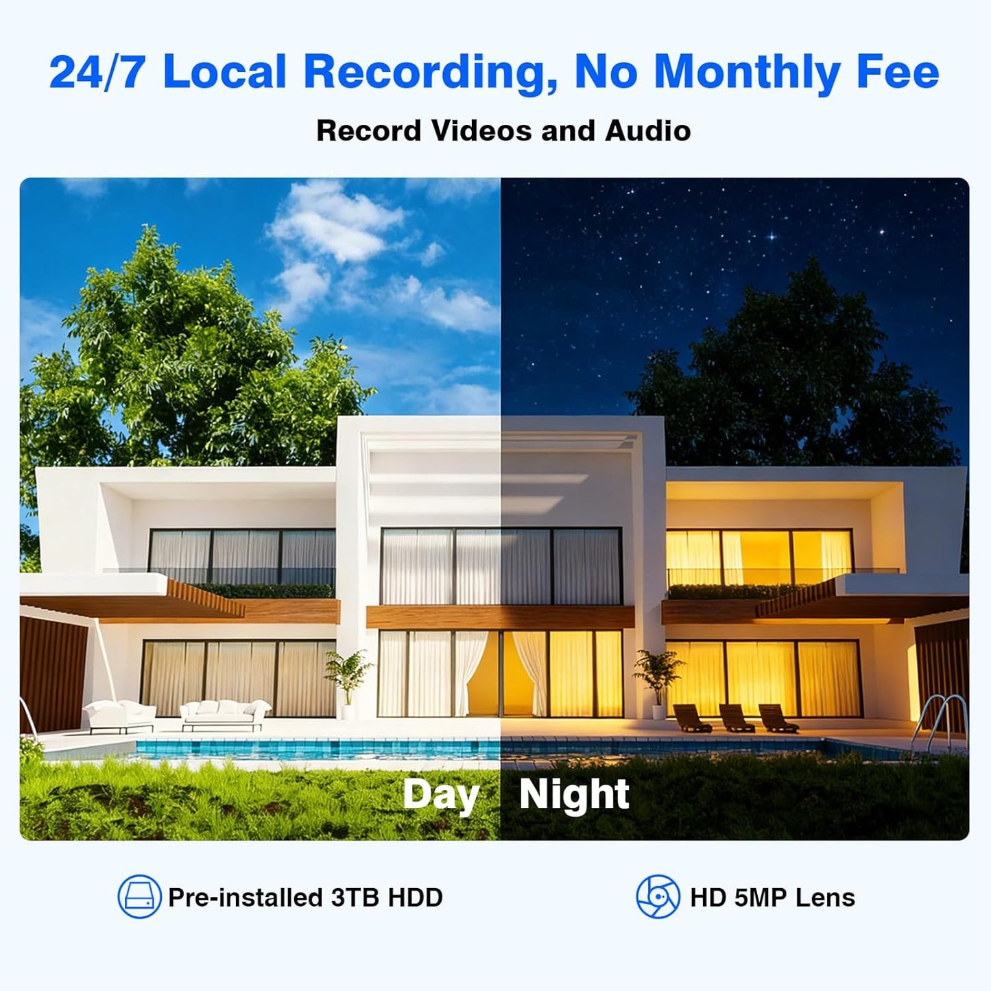 Wireless Security Camera System with 12" Monitor, Human Detection, Floodlight, Siren Alarm, 2-Way Audio, 4PCS 5MP Camera, Expandable 16CH NVR, Home Business Surveillance, 3TB HDD