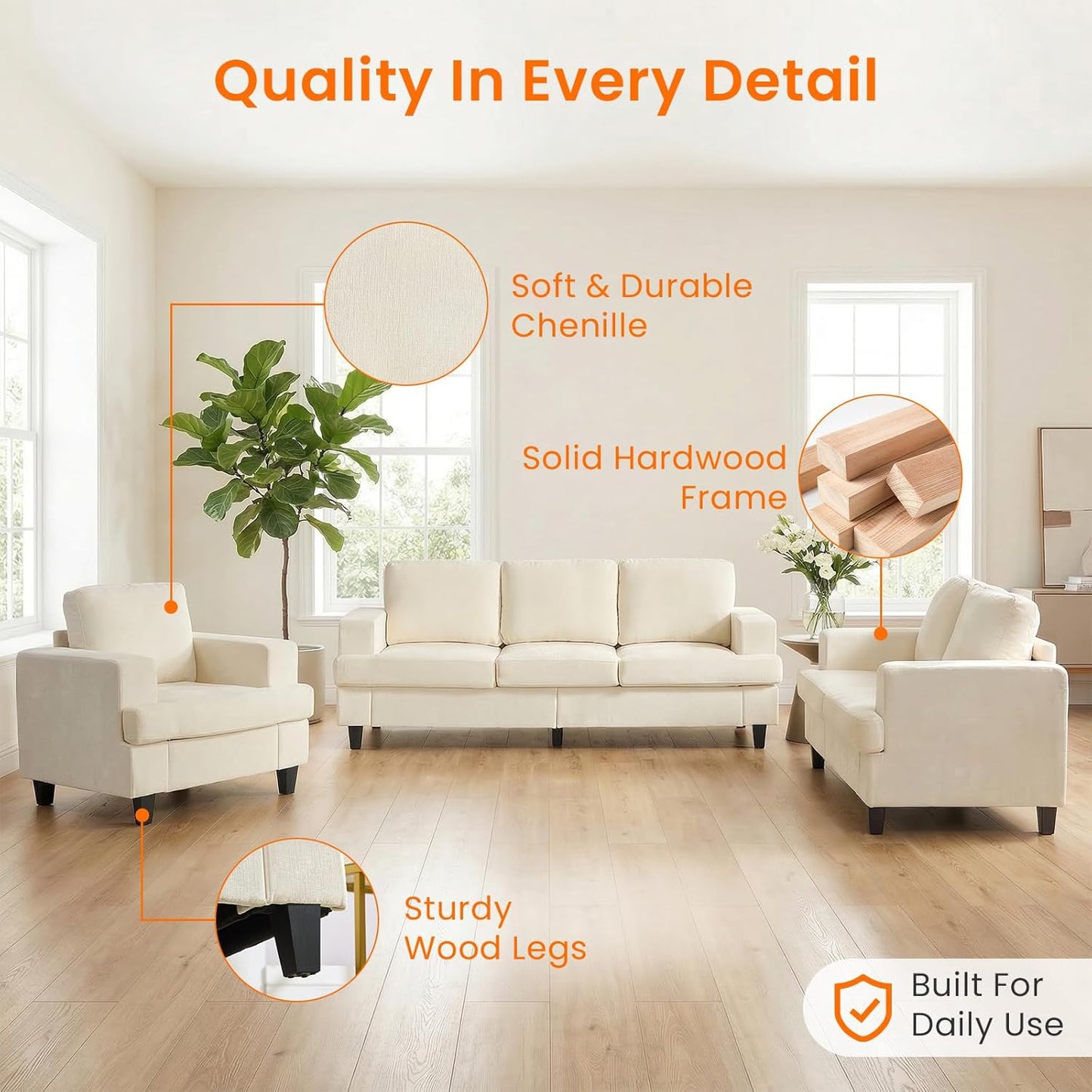 ijuicy 6 Seat Chenille Sectional Sofa Set for Living Room Furniture Set,3 PCS Modern Couch Set,82" Width 3 Seat Couch & Loveseat & Armchair with Solid Wood Legs and Thick Cushion(3+2+1Seat/Beige)