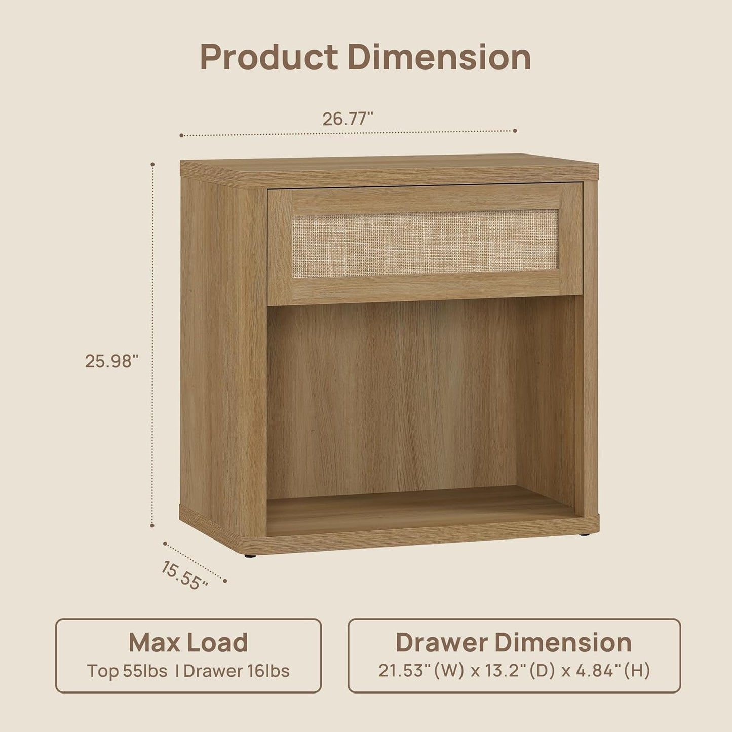 SICOTAS Night Stand Set of 2 26" Wide Large Nightstands with Drawer & Shelf Storage Rattan Bedside Table Boho End Table Tall Bed Side Tables Night Stands for Bedroom Living Room Sofa Office, Amber Oak