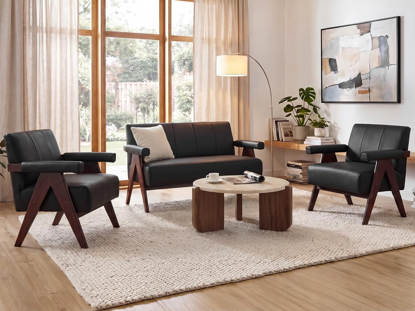 STHOUYN Black Leather Loveseat Sofa and Accent Chairs Set of 2, Mid-Century Modern Office Furniture Couch and Chair Set, Small Love Seat Couches with Wood Arm, 3 Pieces Living Room Furniture Sets (3)
