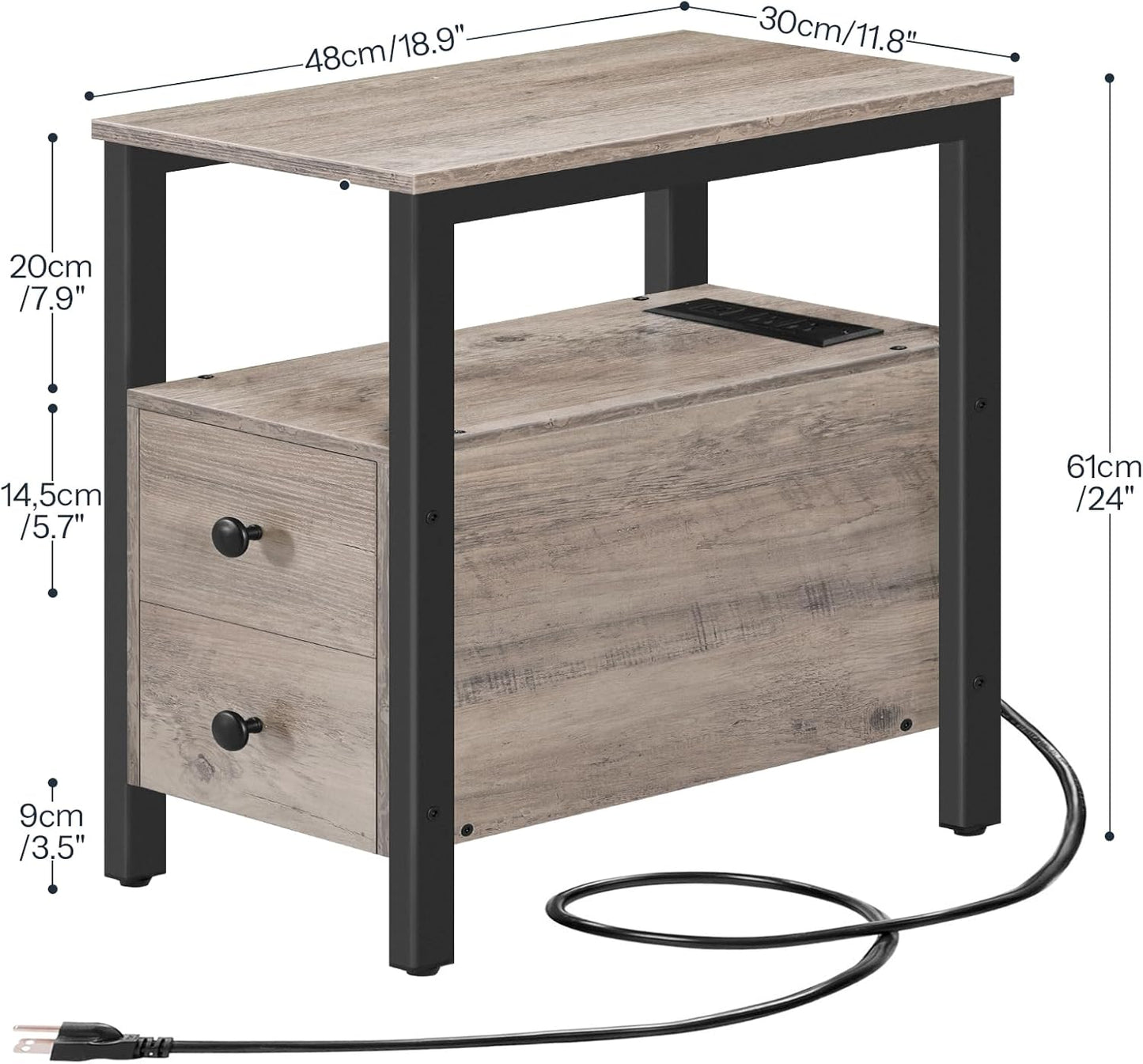HOOBRO Set of 2 End Tables with Charging Station, Narrow Side Table with Drawers & USB Port & Power Outlets, Nightstand for Small Spaces, Living Room, Stable, Greige and Black BG541BZP201
