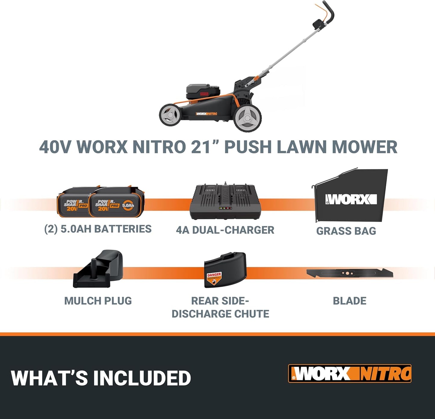 WORX Nitro 21" Cordless Lawn Mower, Brushless Electric Mower for 1/2 Acre, Push Lawn Mower with 7-Position Height Adjustment, 2 × 5.0 Ah Batteries & Charger Included, WG752