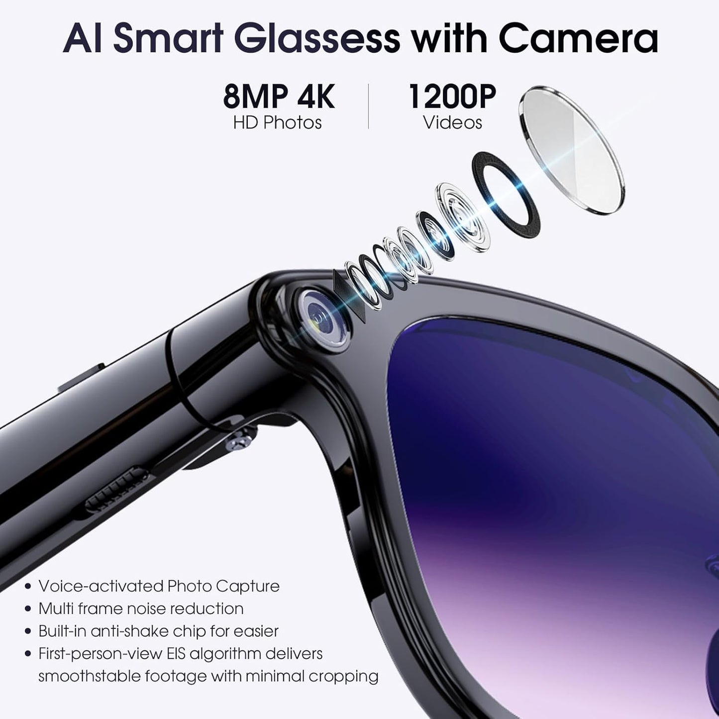 AI Smart Glasses with Camera, 8MP Camera Glasses for Life Vlog Travel Work, 4K Video Recording Sunglasses for Women Men, Real-Time Translation, Voice Assistant, Hands-Free Calls,Open-Ear Audio, 3 Lens