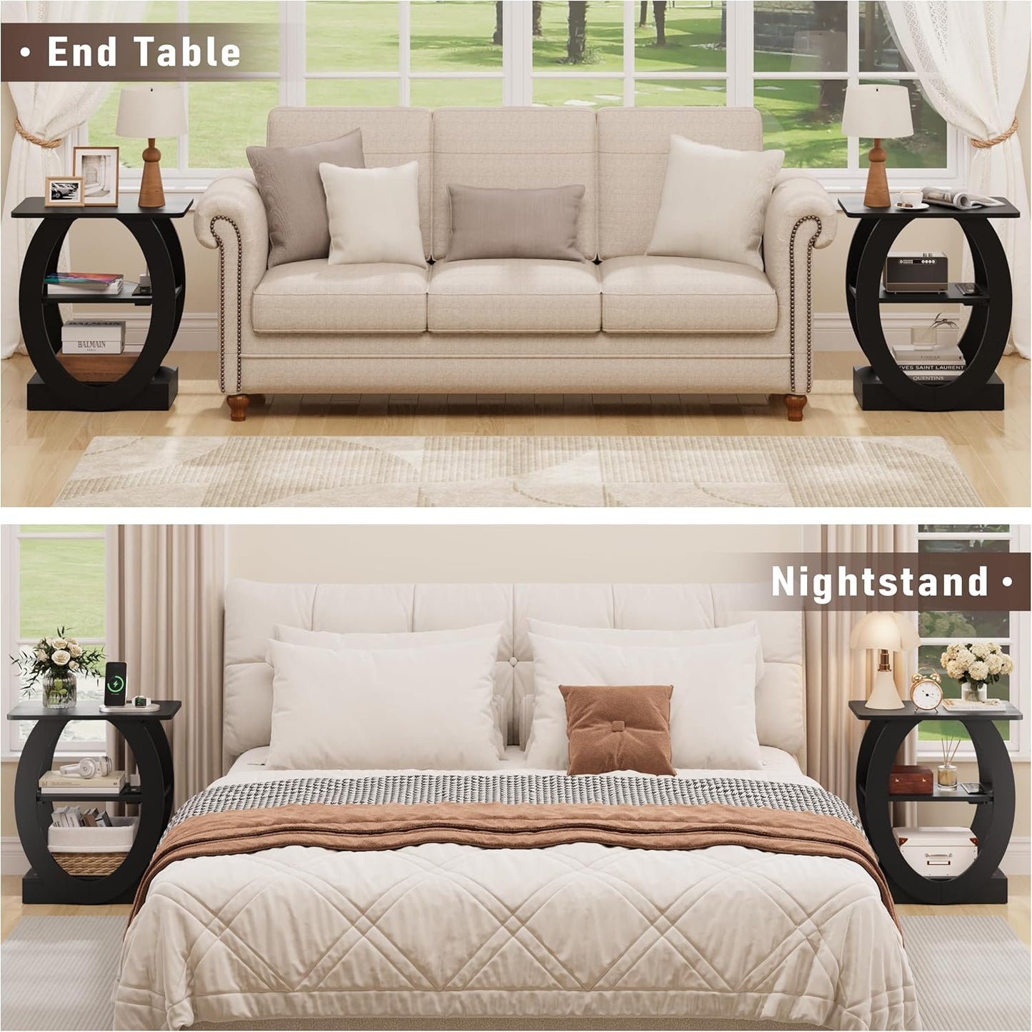 End Table Set of 2 with Charging Station, Black Side Table with USB Ports and Outlets for Living Room, Wood Nightstand with Large Storage Shelf for Bedroom Sofa Couch, Bedside Table Night Stands