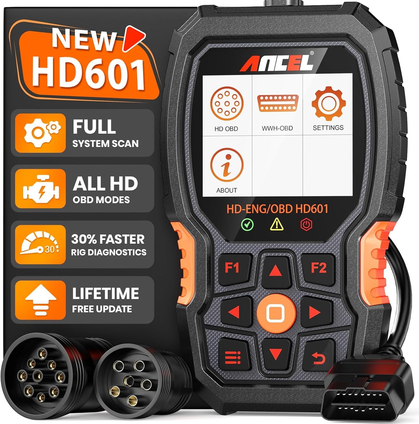ANCEL New HD601 Heavy Duty Truck Scanner, Diesel Full System Diagnostic Scan Tool Fits for Cummins, Detroit, Volvo, Paccar & Caterpillar, 2 in 1 HDOBD & OBD2 Code Reader for Commercial Vehicles & Cars