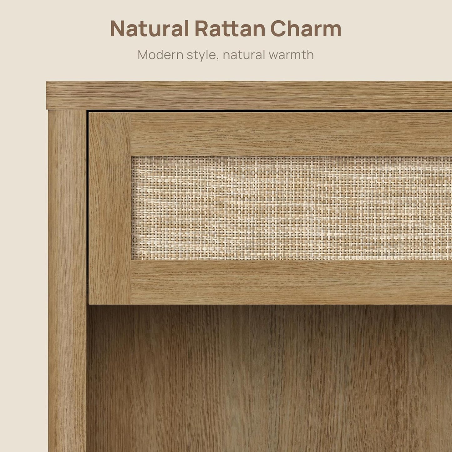 SICOTAS Night Stand Set of 2 26" Wide Large Nightstands with Drawer & Shelf Storage Rattan Bedside Table Boho End Table Tall Bed Side Tables Night Stands for Bedroom Living Room Sofa Office, Amber Oak