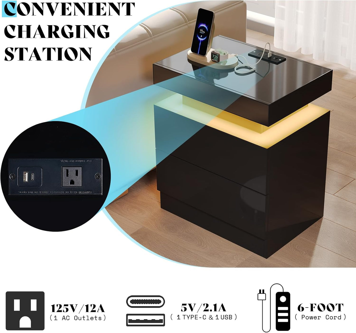 AMERLIFE 5 Piece Modern Living Room Table Set, Includes 80" Fireplace TV Stand, 2-Tier Coffee Table, 2 X Side Tables with Charging Station, LED Media Furniture, Black