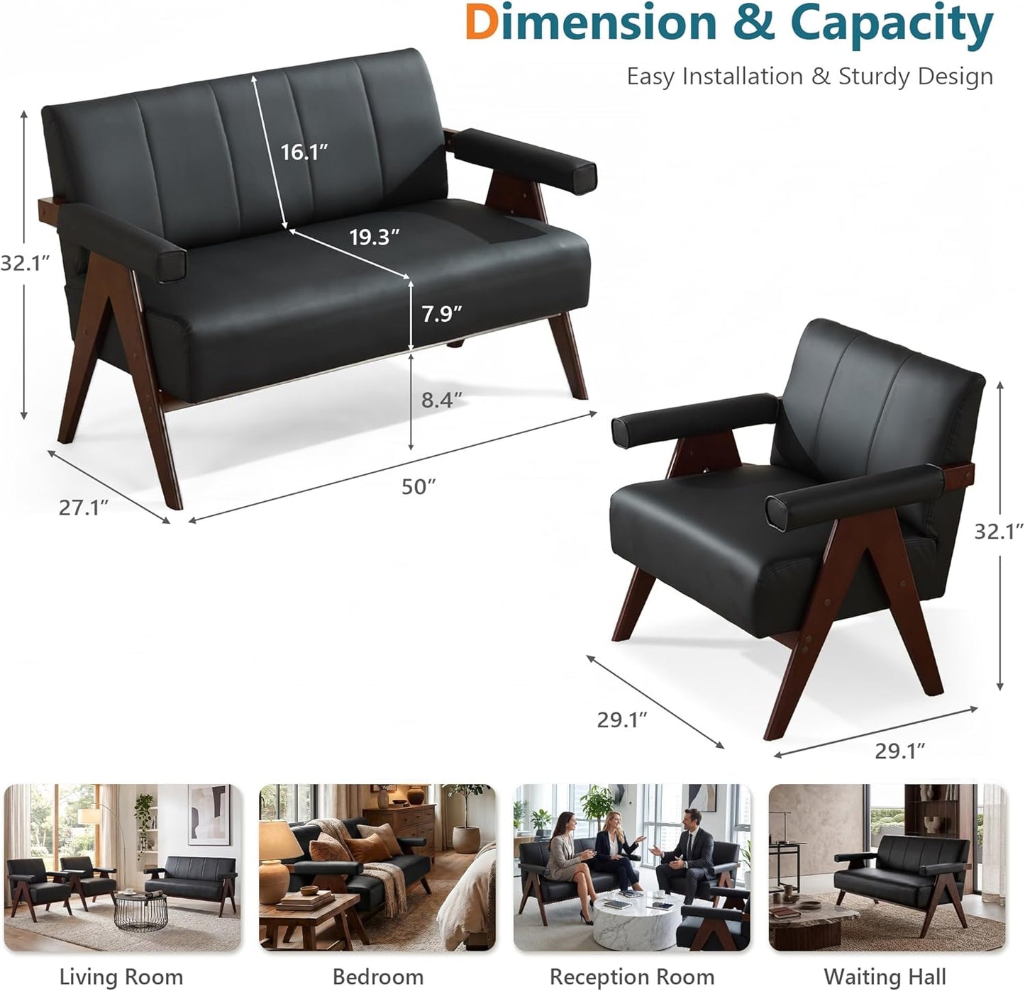 STHOUYN Black Leather Loveseat Sofa and Accent Chairs Set of 2, Mid-Century Modern Office Furniture Couch and Chair Set, Small Love Seat Couches with Wood Arm, 3 Pieces Living Room Furniture Sets (3)