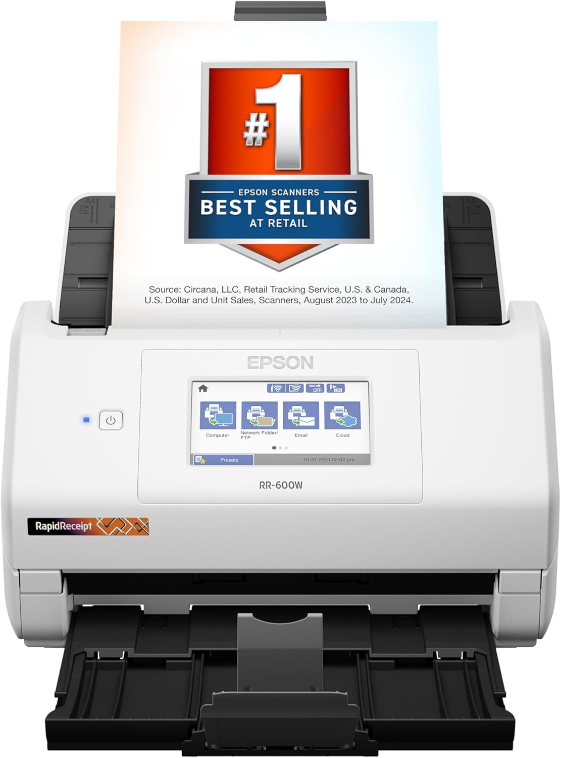 Epson RapidReceipt RR-600W Wireless Desktop Color 2-Sided Document & Tax Receipt Scanner with ScanSmart AI PRO Data Management Software for PC & Mac Touchscreen & 100-Page Auto Document Feeder, White