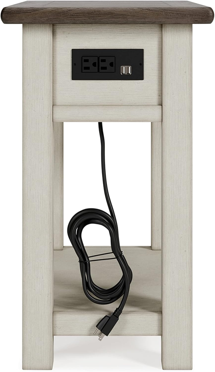 Signature Design by Ashley Bolanburg Chairside End Table With Charging Station, Two-Tone Wood Accent Table With Drawer Storage, Plank Top Design for Living Room or Bedroom, Antique White
